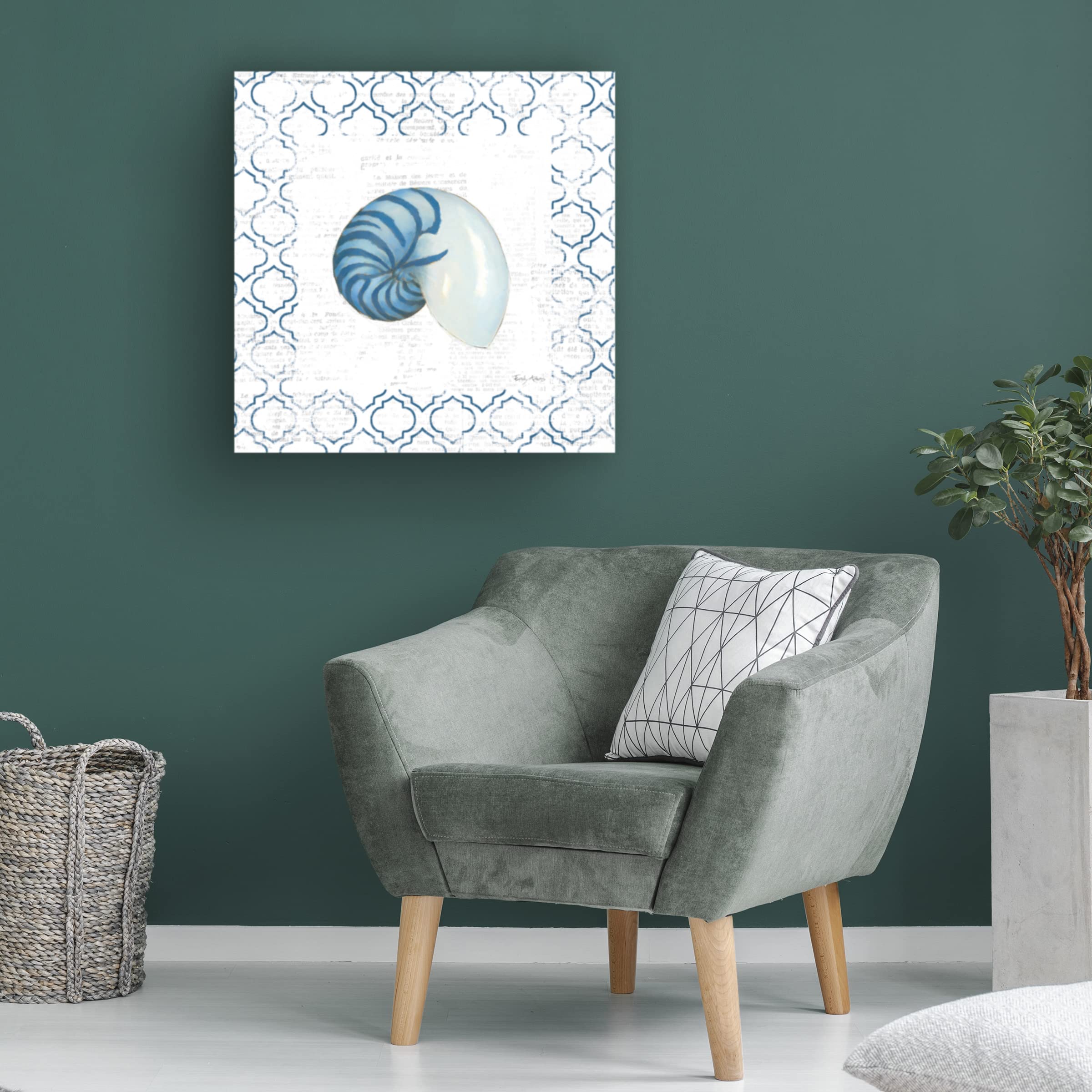 Emily Adams Navy Nautilus Shell on Newsprint Canvas Art Print - Modern Coastal Wall Decor for Living Room, Bedroom & Office | Trademark Fine Art Collection