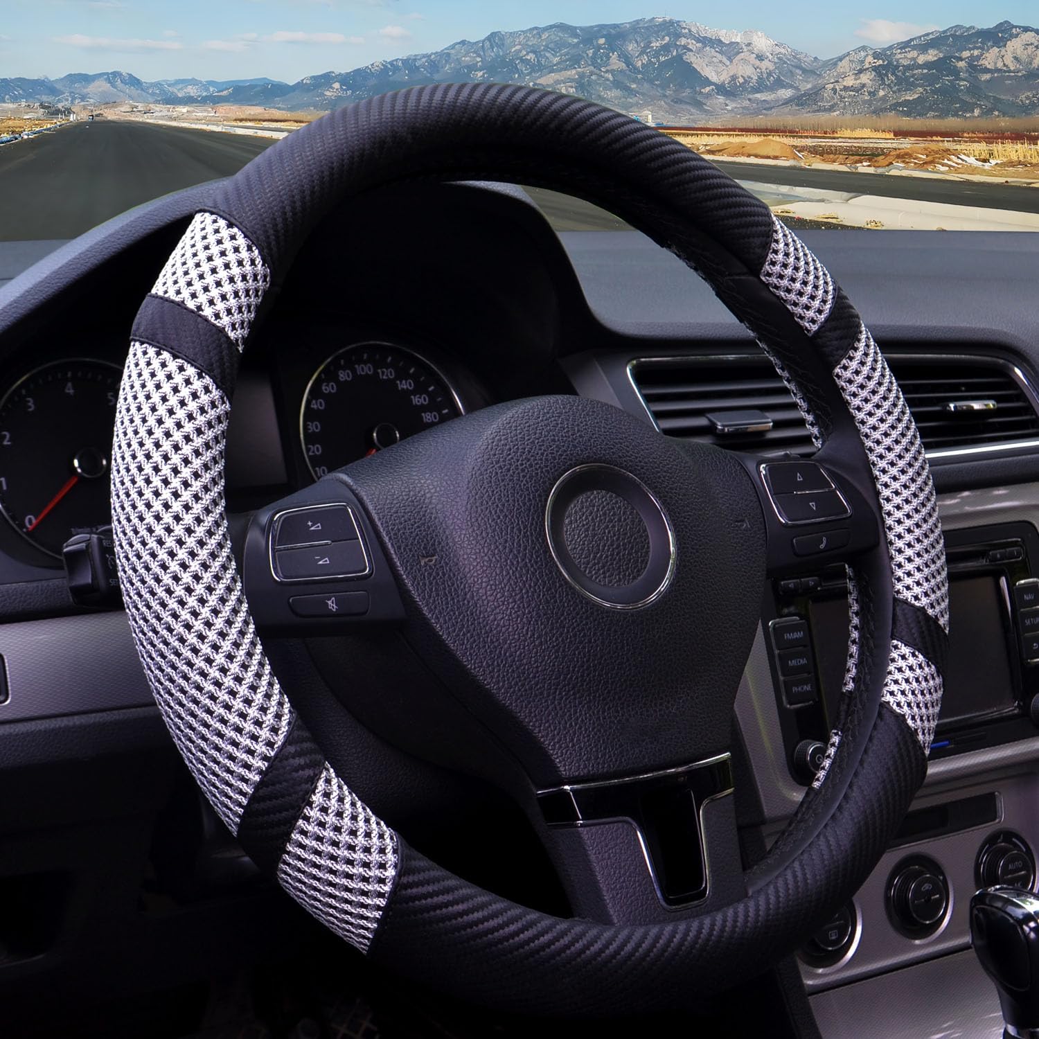 BOKIN Carbon Fiber Steering Wheel Cover - Universal 14.5-15 Inch, Microfiber Leather Car Accessory, Breathable Ice Silk Wheel Protector for All-Season Comfort (Cool in Summer, Warm in Winter) - Carbon Fiber Gray - Perfect for Daily Commuting, Road Trips & Enhancing Driving Comfort