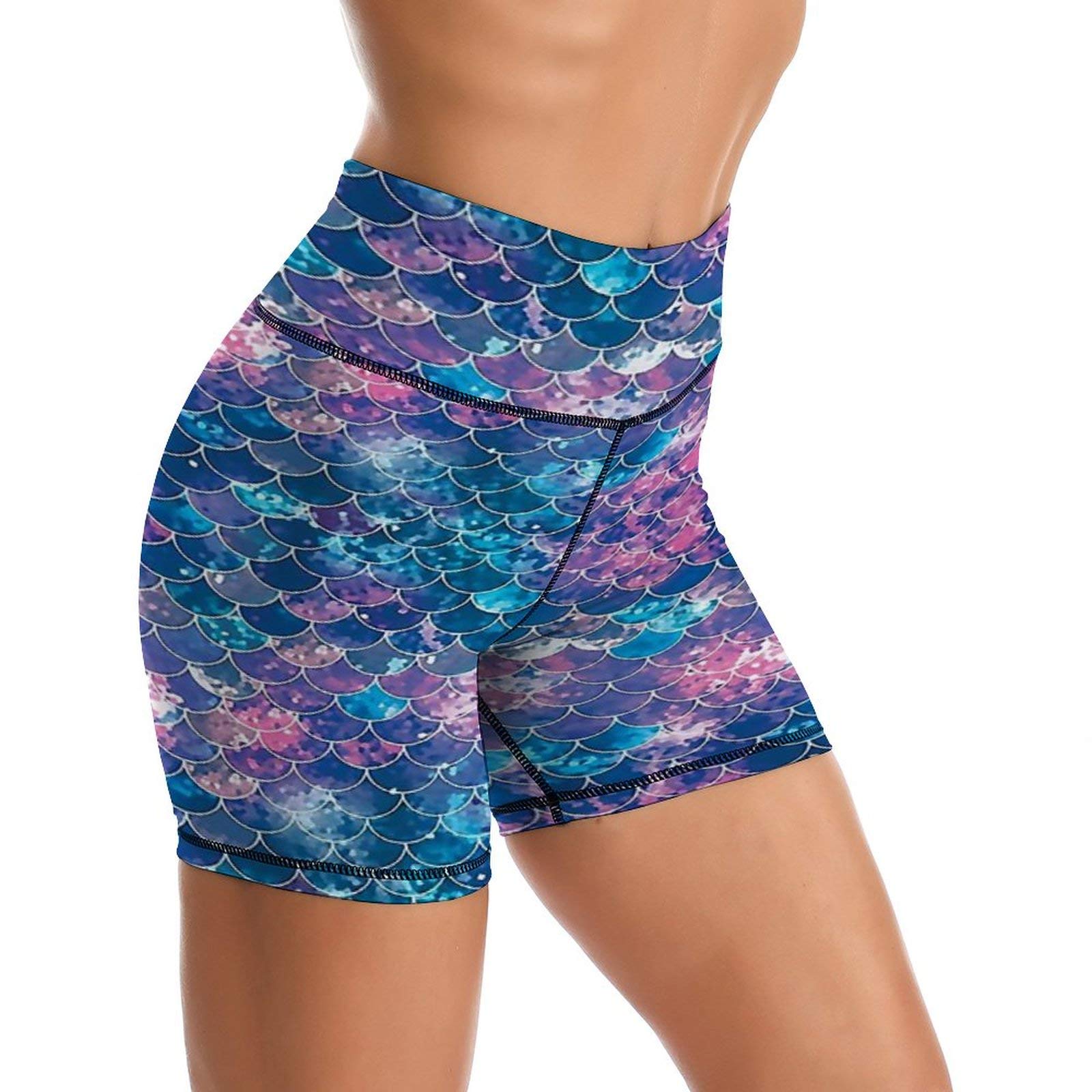 Women's High Waist Tummy Control Bike Shorts - Pink Mermaid Glitter Scale Yoga Workout Shorts | Stretchy & Comfortable for Cycling, Gym, Running & Lounge Wear
