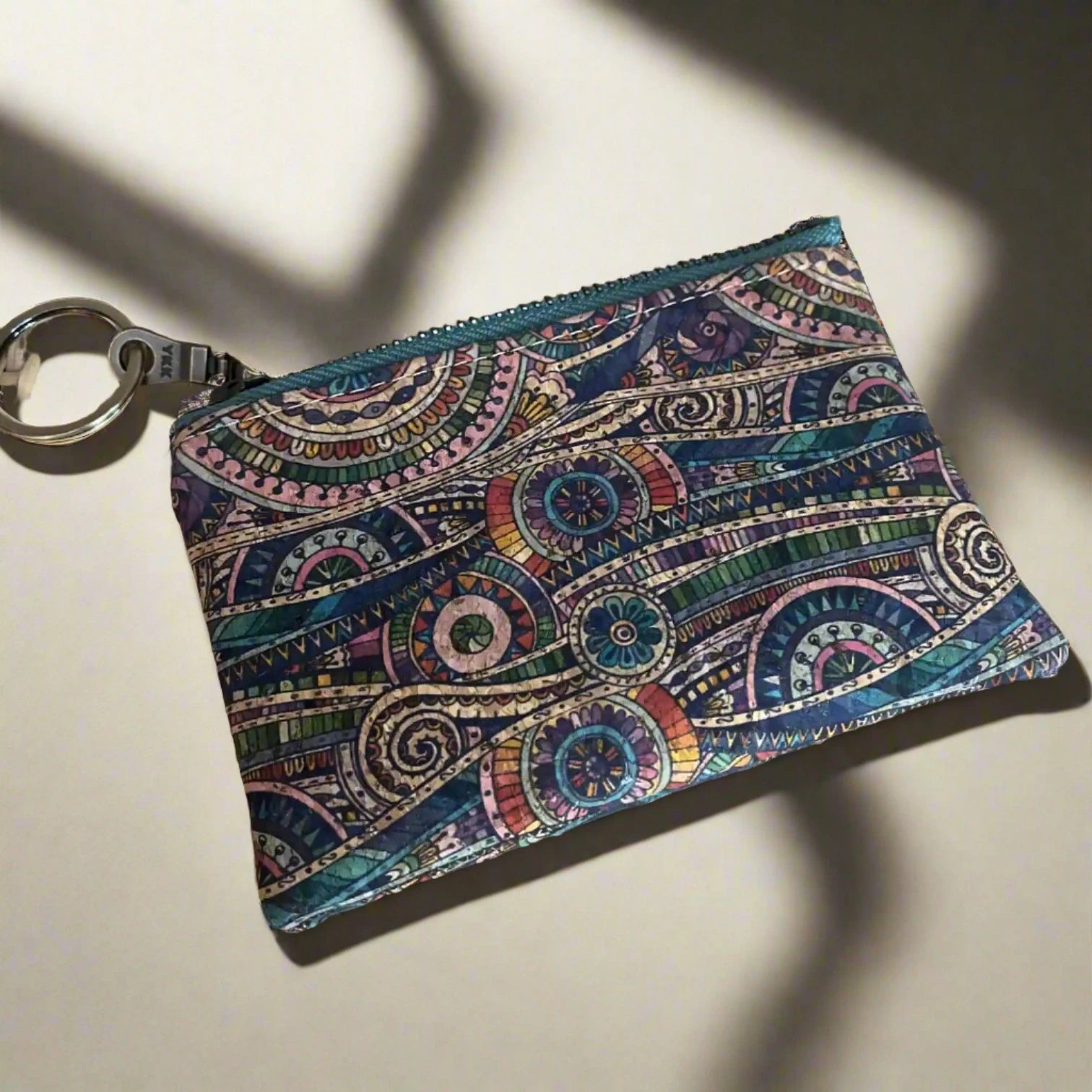 Teal Cork Mosaic Zippered Coin Key Pouch - Vintage Style Small Wallet for Cash, Cards & Keys | Perfect for Travel, Daily Use & Gift Giving