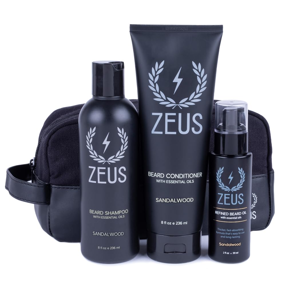 ZEUS Premium Beard Growth Kit for Thick Beards - Natural Beard Shampoo, Conditioner & Sandalwood Beard Oil Set with Travel Toiletry Bag | Made in USA | Perfect for Daily Grooming, Travel & Men's Self-Care Routine