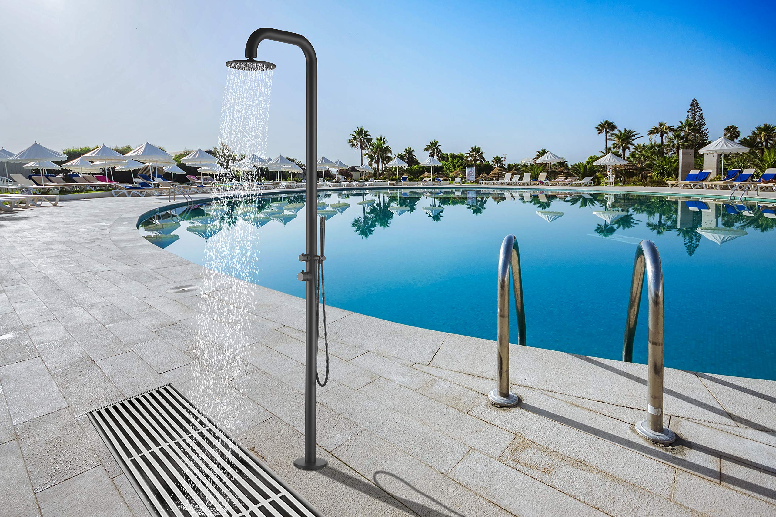 HEATGENE Outdoor Shower with 6 Body Jets & Handheld Shower Head - Matte Black - Perfect for Poolside, Patio, Garden, and Beach Use