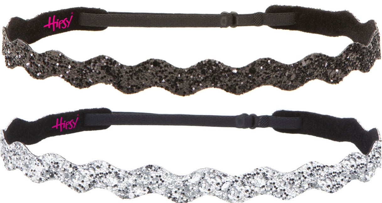 Adjustable Non-Slip Glitter Hair Headbands for Women & Girls - 2 Pack Fashion Bling Headbands (Wave Silver & Black) | Perfect for School, Sports, Work & Everyday Styling