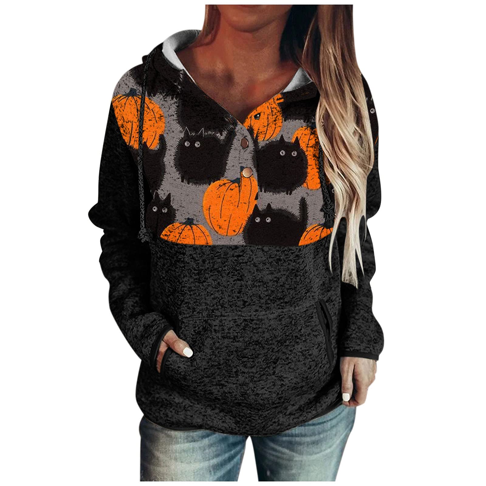 Women's Halloween Printed Loose Long Sleeve Crewneck Sweatshirt - Casual Stitching Hoodie Tops for Women | Perfect for Halloween Parties, Cosplay & Fall Fashion