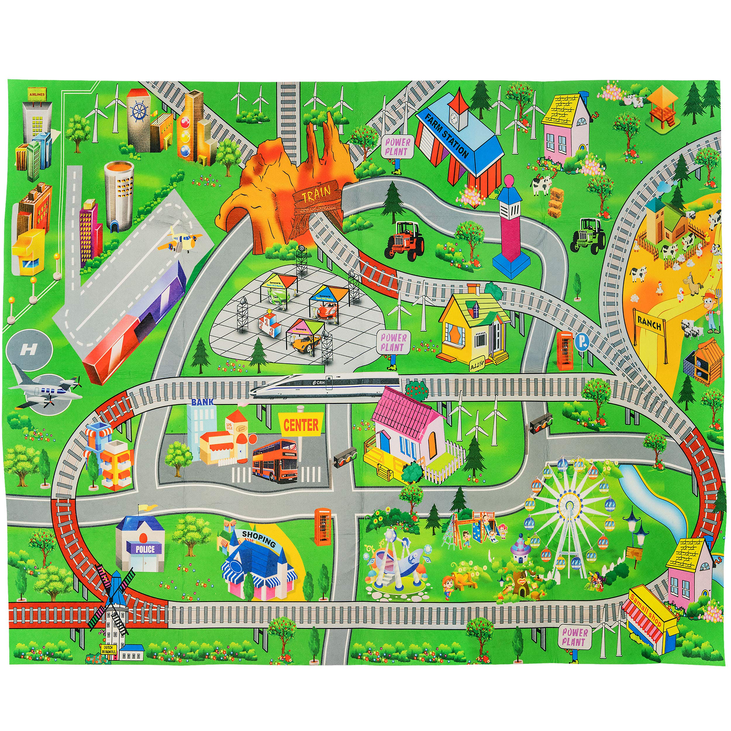 Double Sided Kids Play Mat with Trains, Cars & Roads - Reversible Children's Activity Rug for Indoor Playroom & Nursery - Perfect for City Themed Pretend Play and Learning Activities