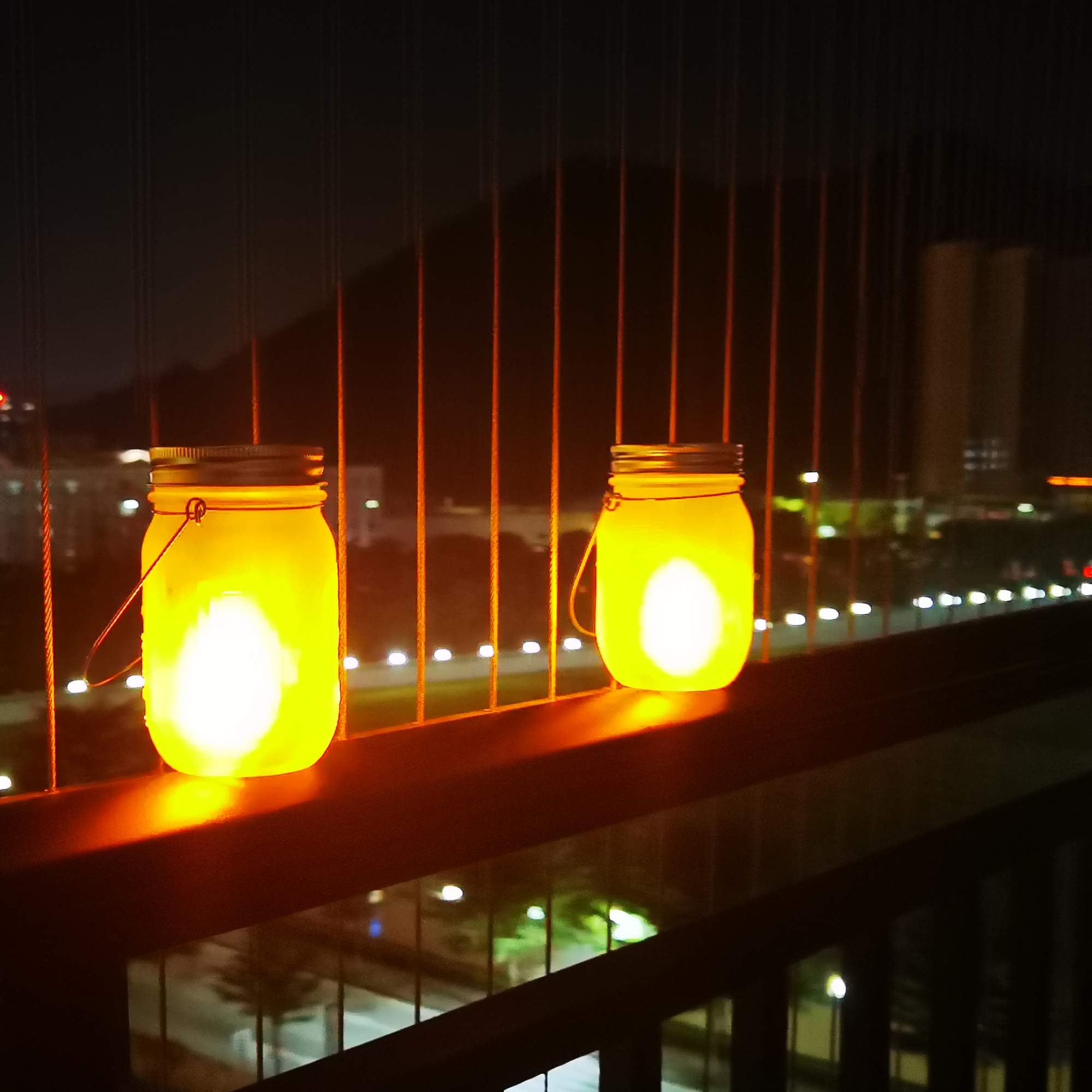 6-Pack Solar Mason Jar Lights with Amber Flame Flicker - Outdoor Hanging Lanterns for Garden, Patio & Wedding Decor - Includes Glass Jars & Hangers - Solar Powered Weatherproof Lighting for Backyard, Pathway & Party Decorations