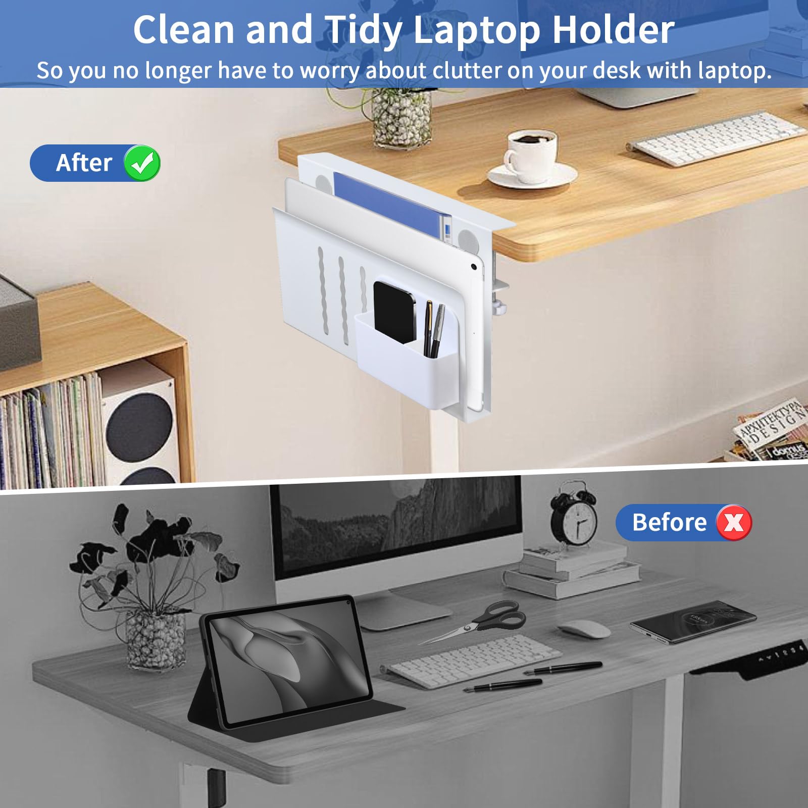 LUKETURE Steel Desk Side Organizer - No Drill Laptop Holder with Pen Storage, Clamp-On Table Mount for Home Office, Fits Flat Edge Tables 0.3
