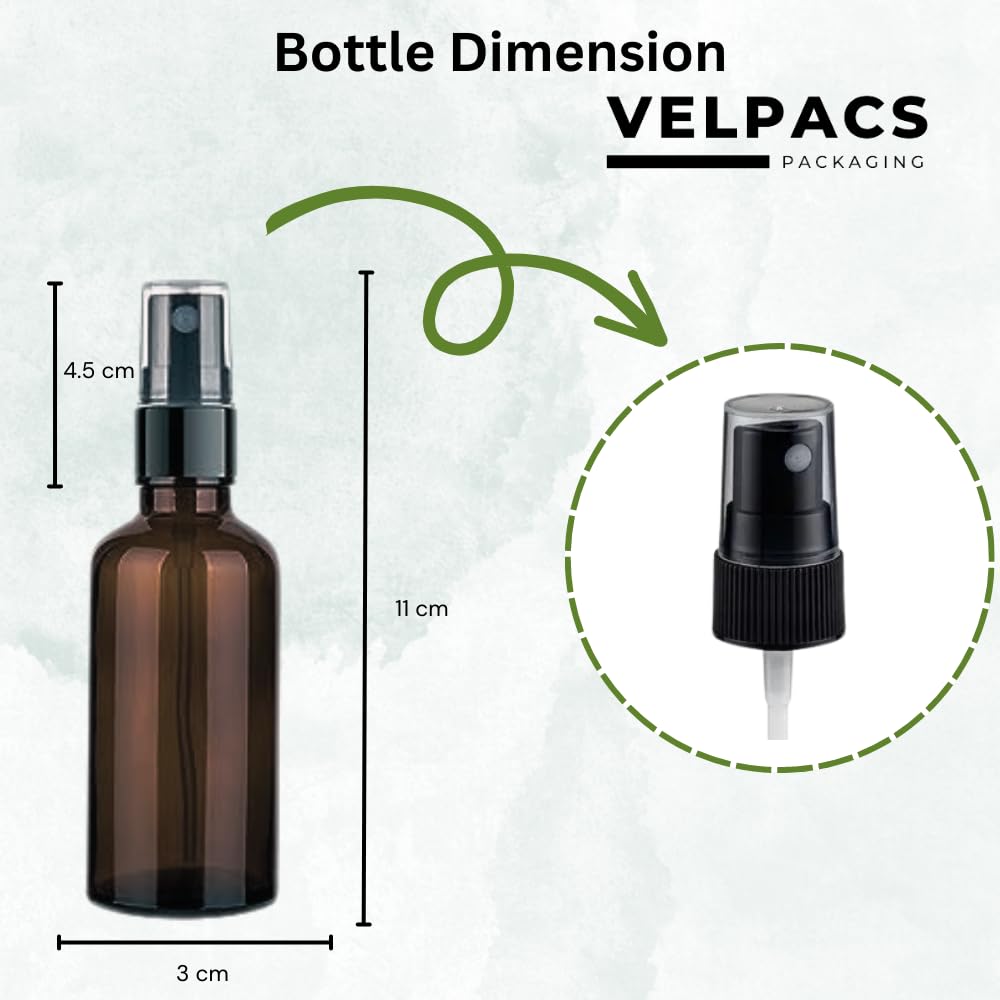 Velpacs 30ml Amber Glass Bottle with Premium Fine Mist Spray Pump - Refillable & Reusable Leak-Proof Bottles for Essential Oils, Aromatic Water, Facial Mists & DIY Beauty Blends (Pack of 6) | Perfect for Skincare, Aromatherapy & Travel Essentials