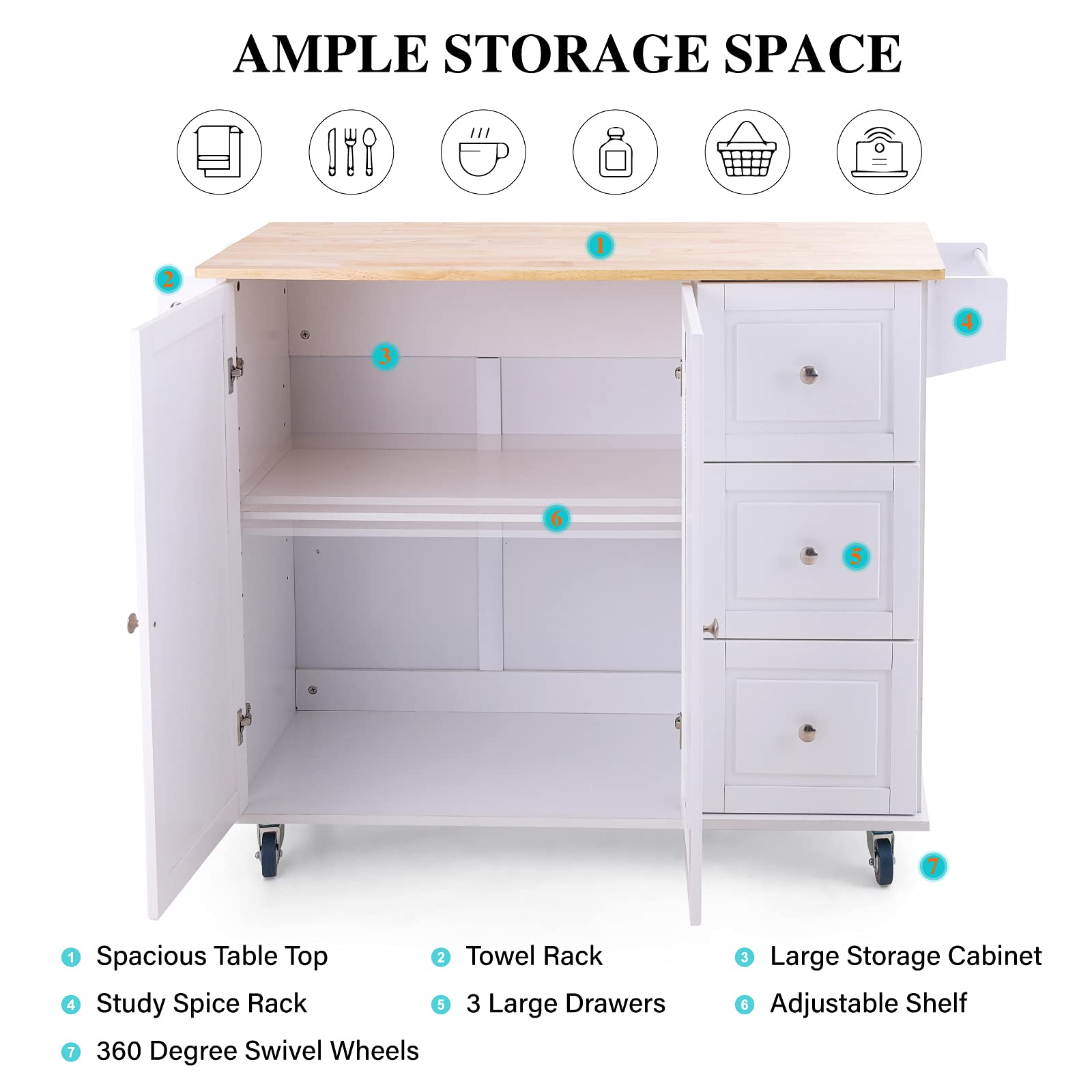 PHI VILLA Portable Kitchen Island Cart on Wheels with Drop Leaf & Storage - Mobile Kitchen Workstation for Small Spaces, Ideal for Food Prep, Dining & Extra Counter Space