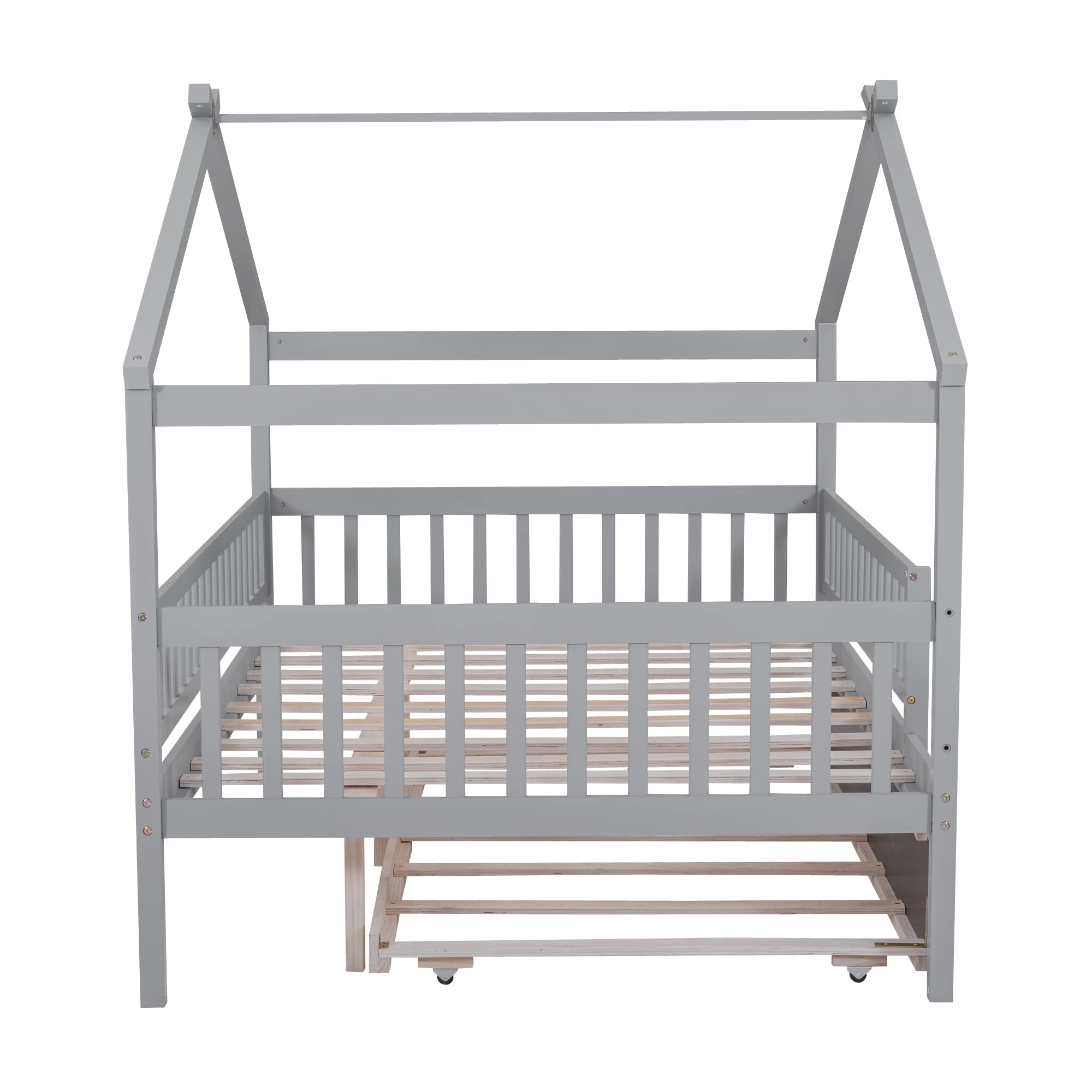 Harper & Bright Designs Full Size Wooden House Bed with Trundle - Kids Bed Frame with Roof & Fence Design for Boys & Girls (Gray) - Perfect for Bedrooms, Playrooms & Montessori Spaces