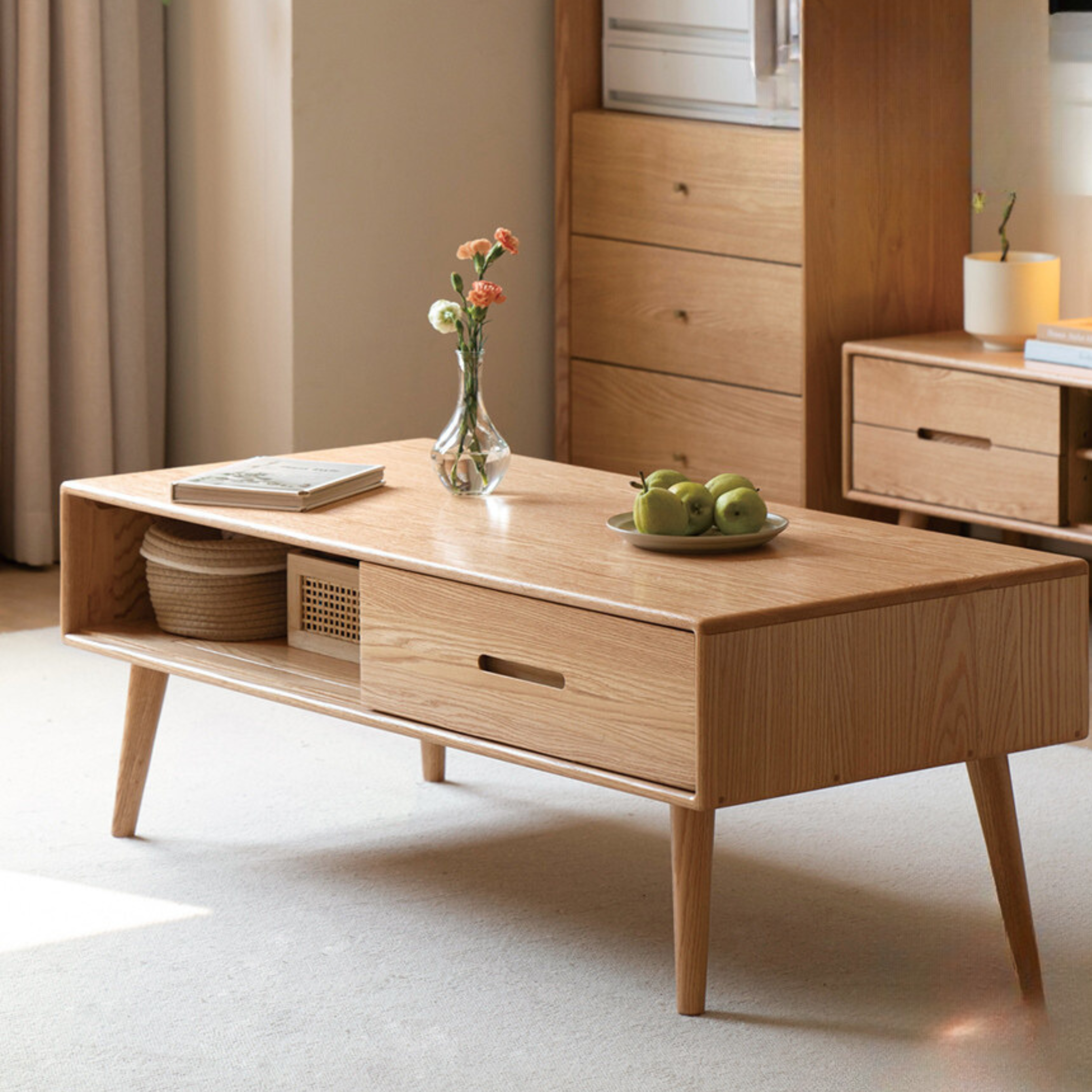 Premium OAK Solid Wood Modern Coffee Table - American Style Living Room Furniture for Home Decor & Relaxation