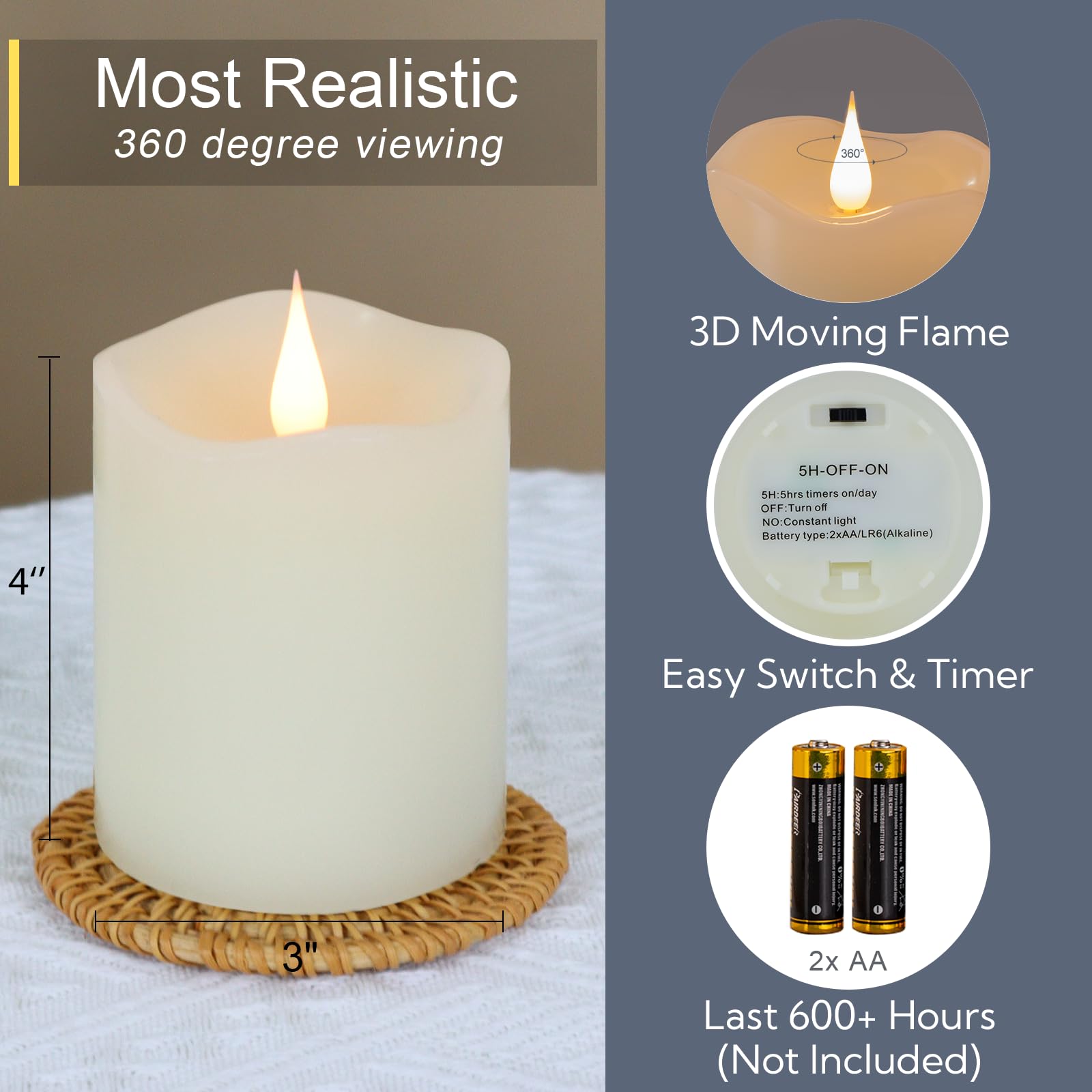 TECHLONG Ivory Real Wax Electric LED Pillar Candles - 3