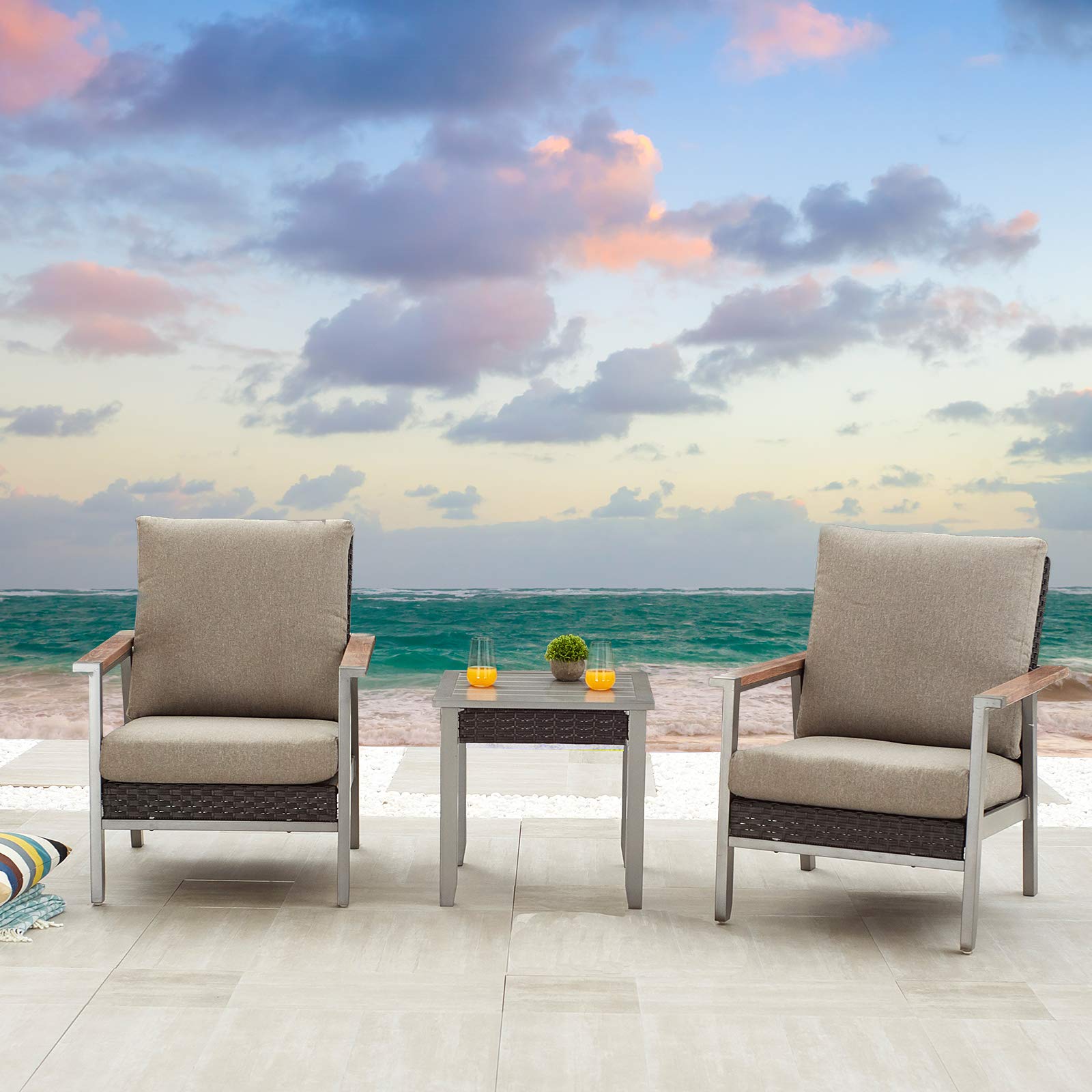 3-Piece Patio Bistro Set with Thick Cushions - Metal Frame Outdoor Lounge Armchairs & Side Table for Deck, Garden or Balcony - Gray Modern Furniture for Relaxing & Entertaining