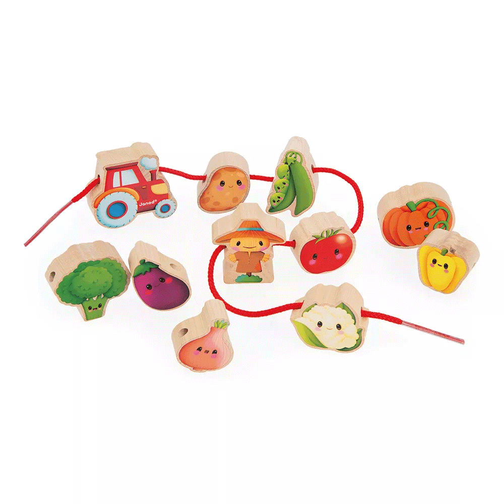 Janod Vegetable Garden Threading Beads - Educational Wooden Toy for Kids Fine Motor Skills Development - Perfect for Preschool Learning & Montessori Activities