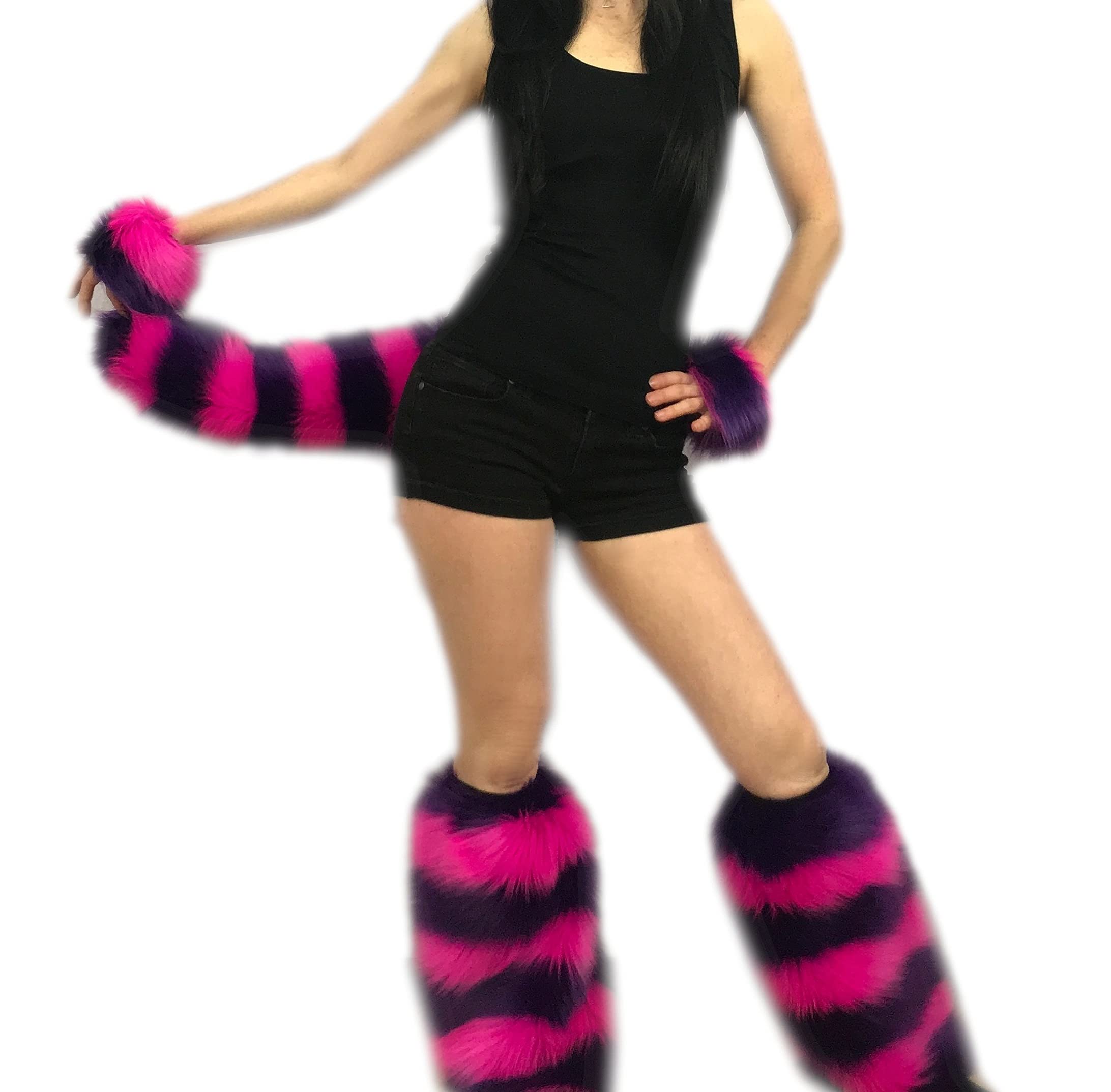 Handmade Cute Cheshire Cat Costume Accessories - Pink, Purple or Blue Gray Striped Luxury Faux Fur Ears for Halloween Cosplay, Disney Alice in Wonderland Theme Party & Costume Contest