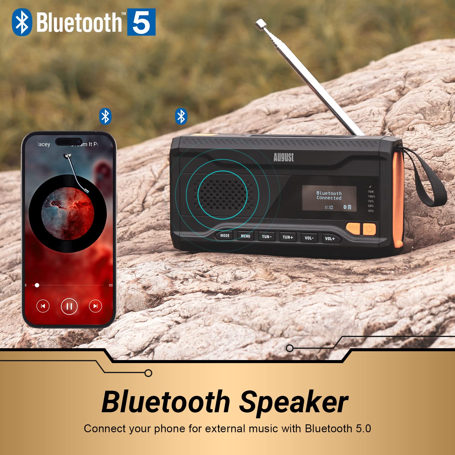 August MB290B Portable Emergency Hand Crank Radio with FM/DAB/Bluetooth, 4500mAh Power Bank, USB Phone Charger, Flashlight & SOS Light - Perfect for Camping, Hiking, Outdoor Adventures & Emergency Preparedness - Black