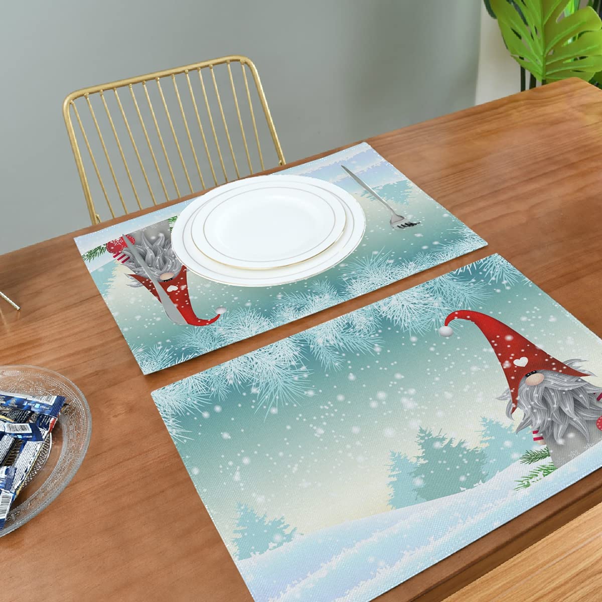 Bolaz Lovely Christmas Gnome Standing Snowfall Winter Placemats Set of 4 - Washable Snowflake Table Mats for Kitchen Dining Home Decor (12x18 inches) - Perfect for Holiday Parties, Winter Dinner Settings & Festive Home Decorations