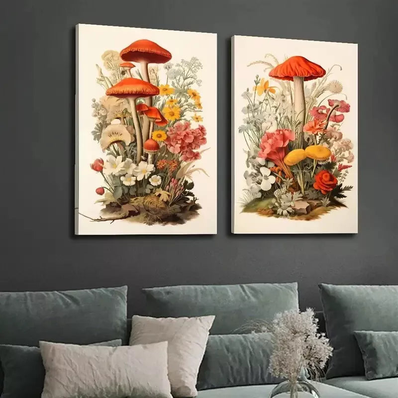 2-Piece Realistic Retro Mushroom & Floral Plant Canvas Wall Art - 50x75cm Framed High-Quality Print | 100% Australian Made | Ready to Hang | Perfect for Living Room, Bedroom & Office Decor