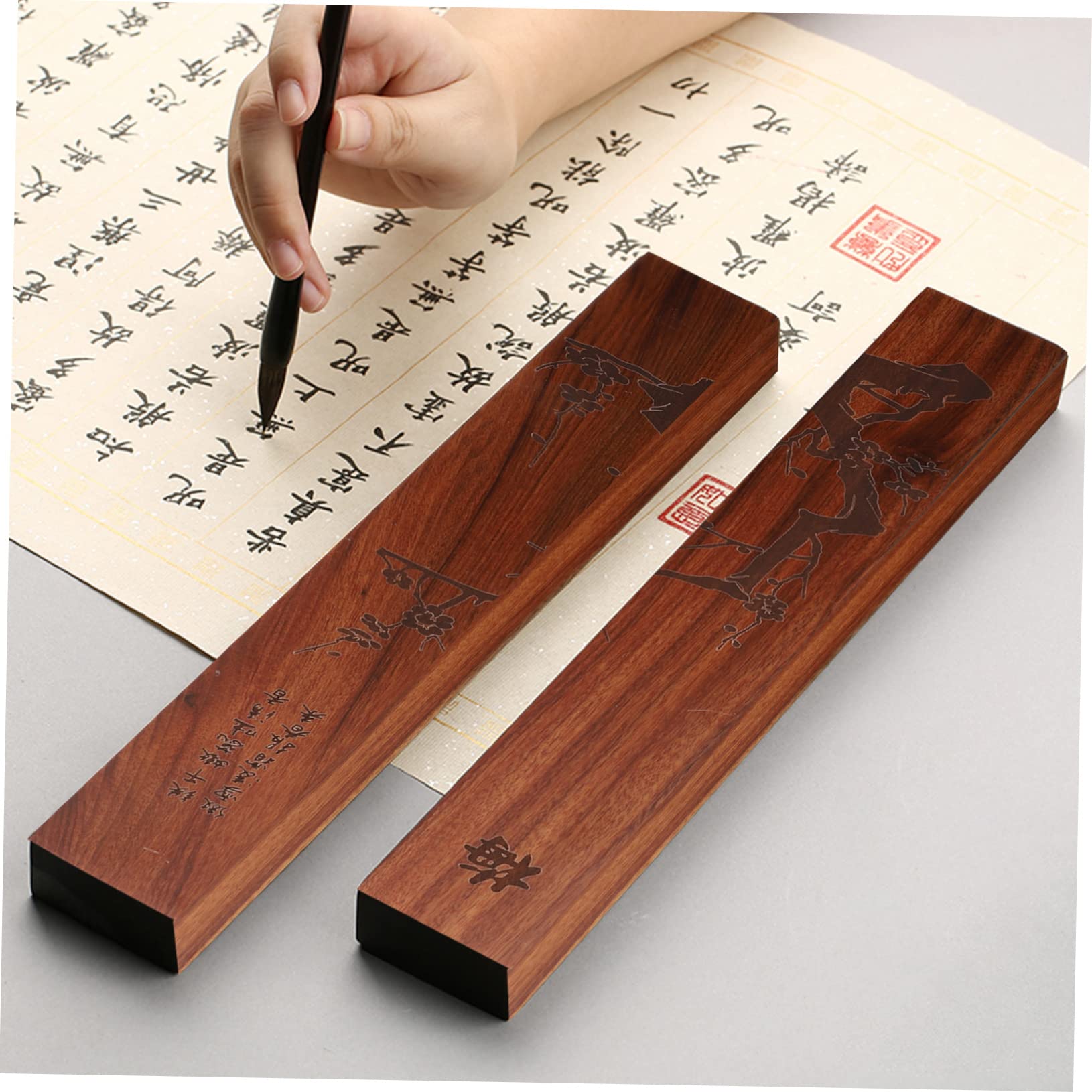 Balacoo 4-Piece Wooden Calligraphy Paperweights - Traditional Chinese Town Ruler Design for Drawing, Writing & Office Desk Decor - Perfect for Artists, Calligraphers & Stationery Lovers