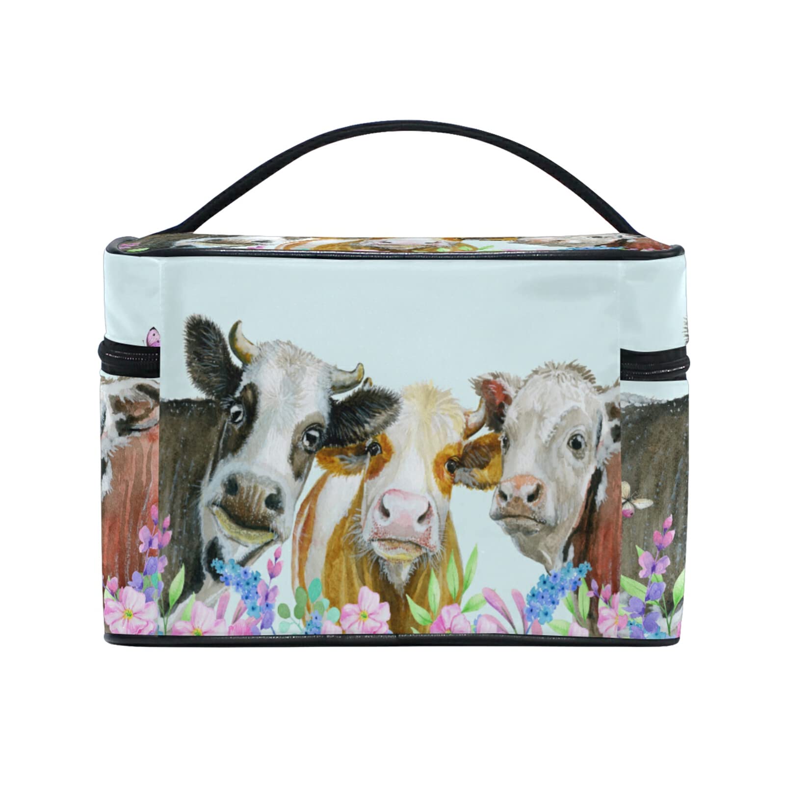 Waterproof Cosmetic Makeup Bag with Handle - Travel Organizer for Women & Girls, Cute Farm Cow Flower Design, Zippered Storage Pouch for Toiletries, Makeup Brushes, Jewelry | Perfect for Travel, Gym, Beach & Daily Use
