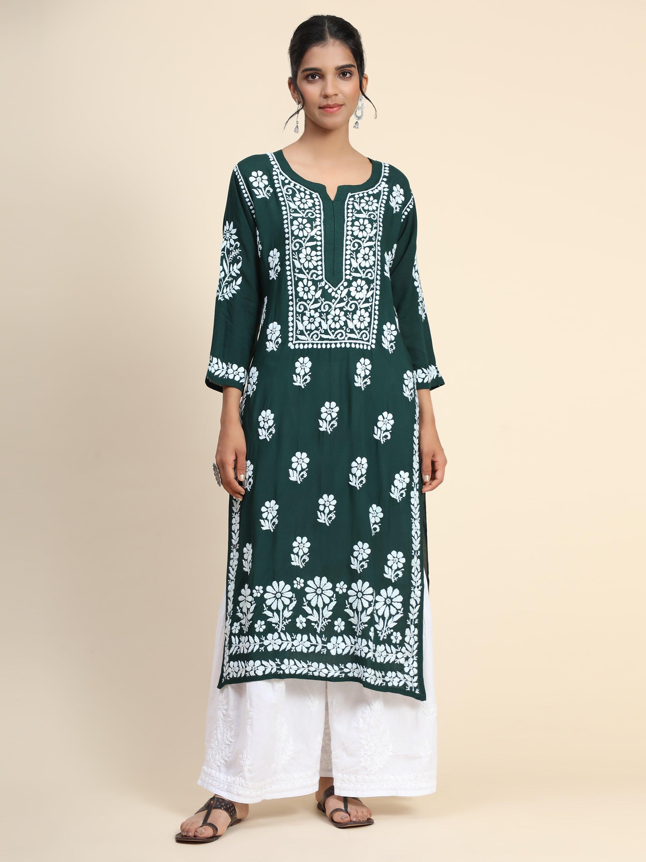 Premium Hand Embroidered Chikankari Kurta - Soft Modal Cotton Women's Tunic - Elegant Green Ethnic Wear for Festivals & Special Occasions