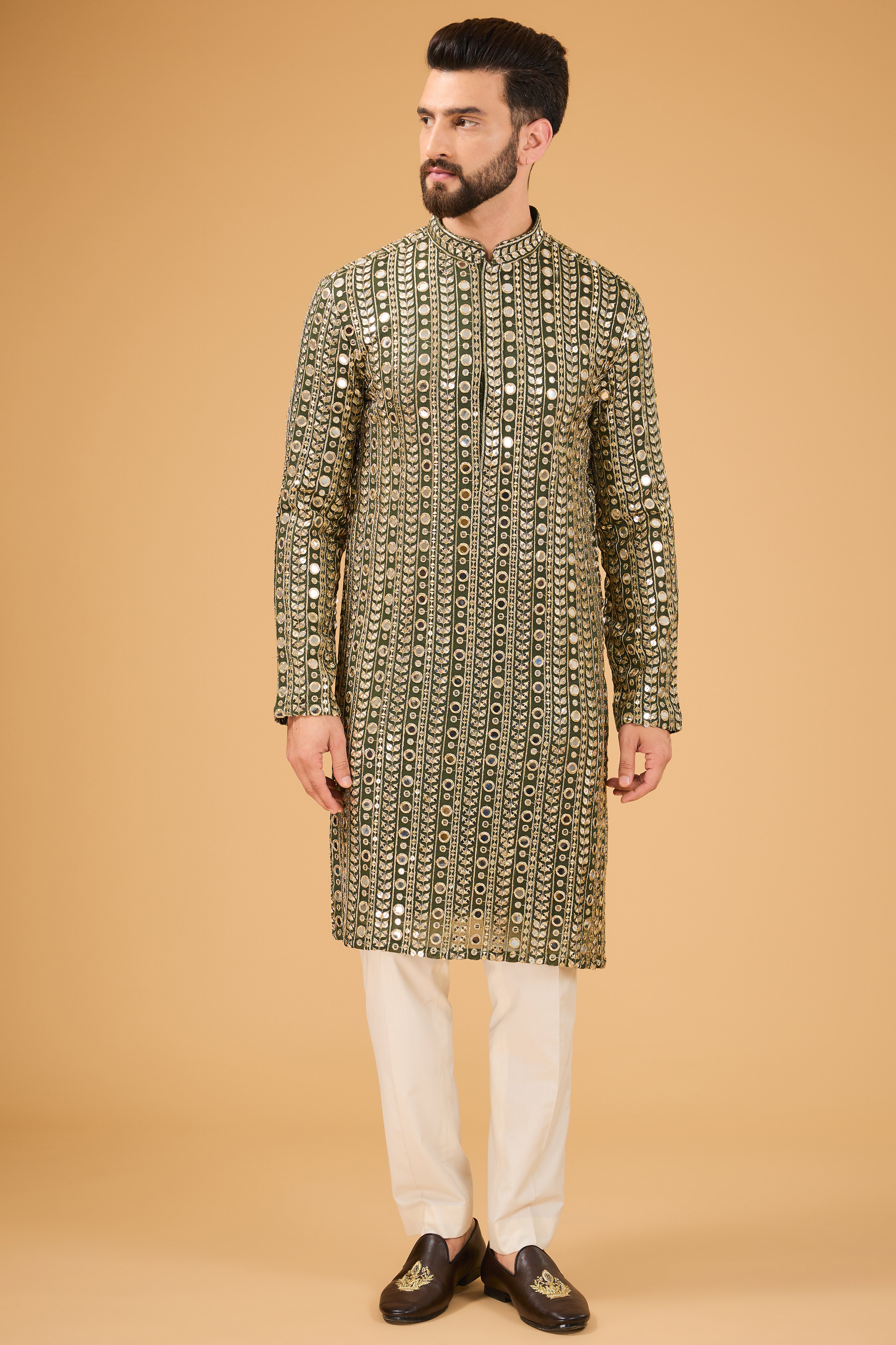 Military Green Mirror Work Kurta with Detailed Golden Zari Work - Elegant Ethnic Embroidered Tunic for Women - Perfect for Festivals, Weddings & Special Occasions