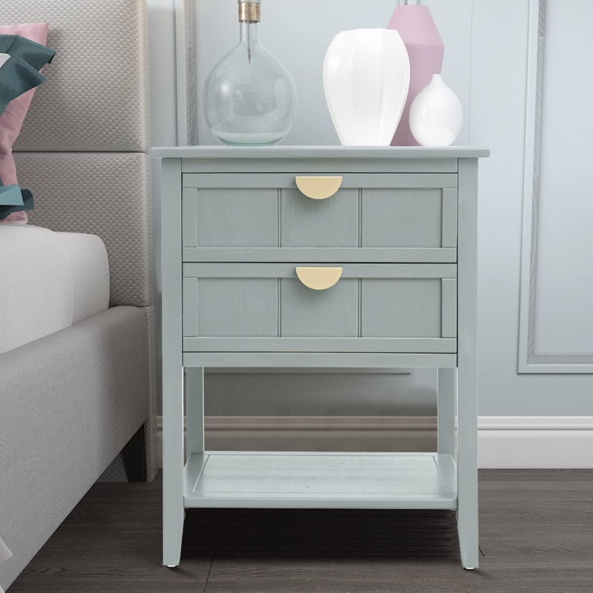 Mid Century Modern Nightstand with 2 Drawers & Shelf Storage - Wood Accent End Table with Metal Handles for Bedroom & Living Room - Olive Green - Perfect for Small Spaces & Apartment Decor