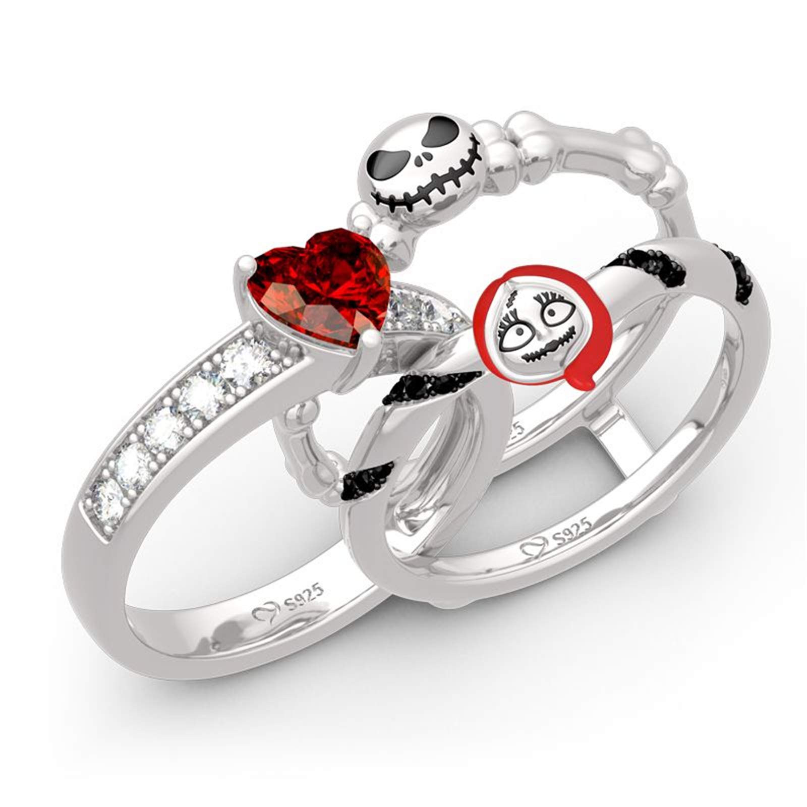 Jeulia Sterling Silver Skull Couple Heart Cut Enhancer Ring Set for Women - Valentine's Day, Engagement, Wedding, Anniversary Gift for Wife/Girlfriend with Jewelry Box | Gothic Jewelry, Romantic Present, Couple Rings