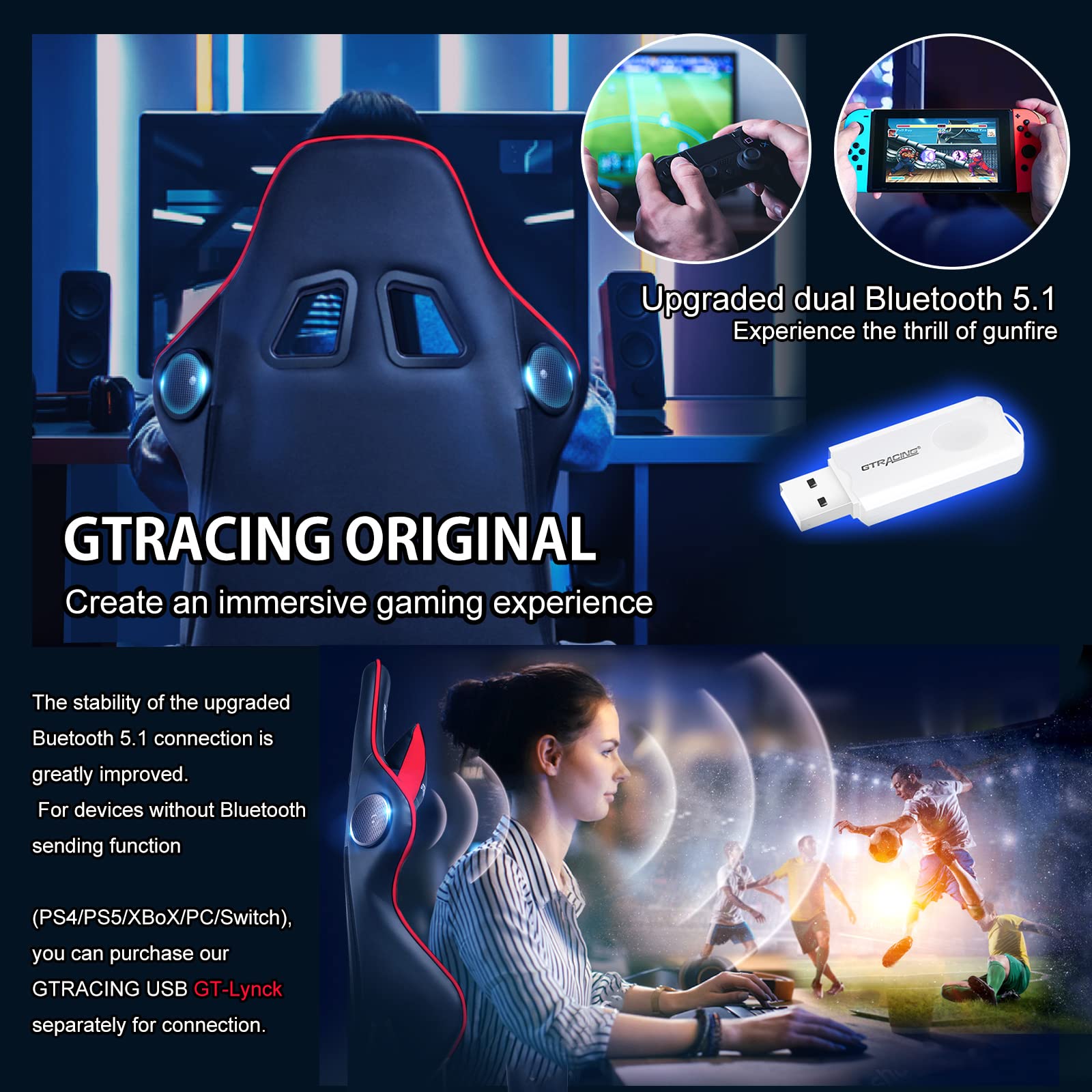 GTRACING Bluetooth Gaming Chair with Built-in Speakers - Ergonomic Video Game & Office Computer Desk Chair - Heavy Duty Red Gaming Chair for Home & Office Use