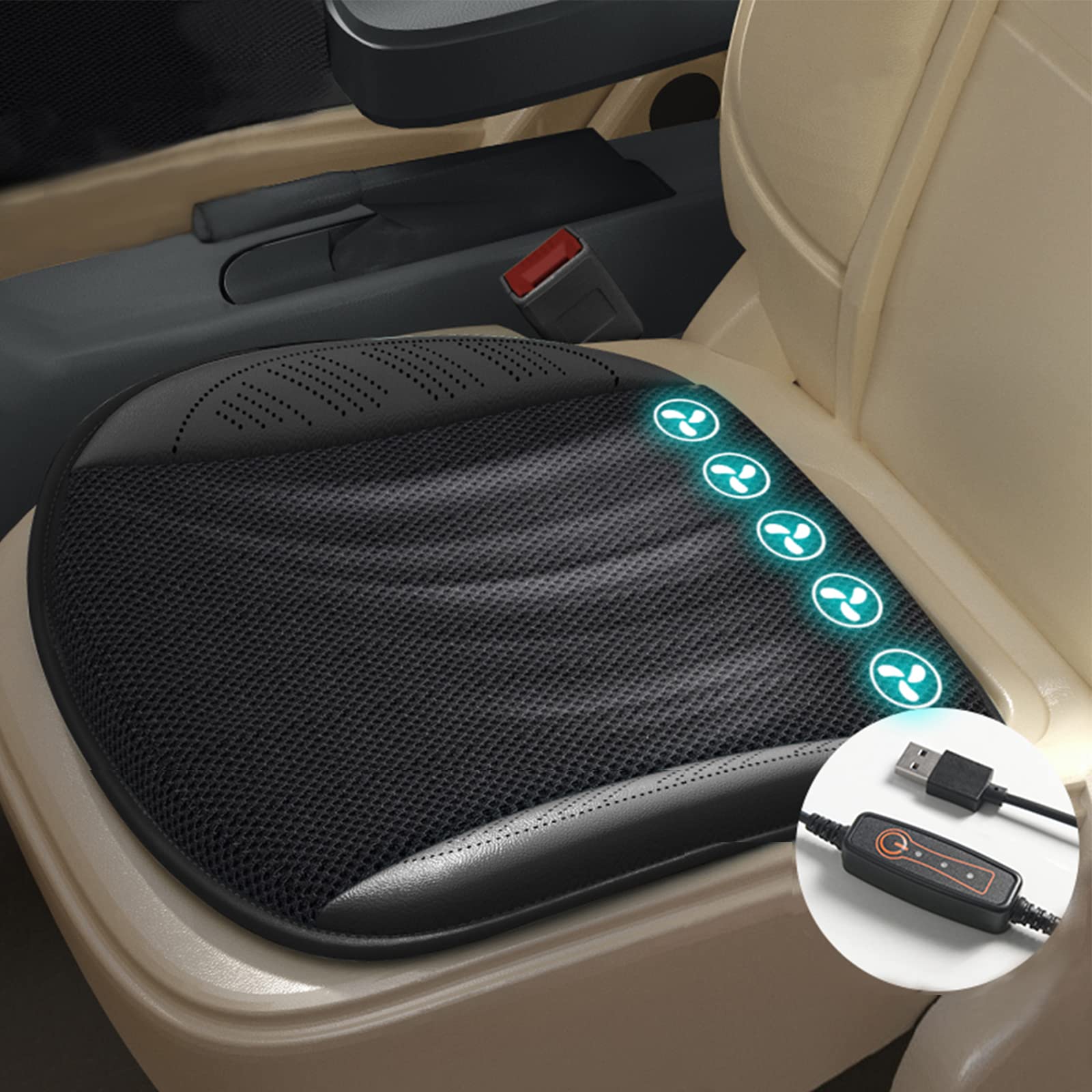 Universal Ventilated Car Seat Cushion with 5 Cooling Fans - Breathable Summer Car Seat Cover & Office Chair Pad - Black | Perfect for Hot Weather Commuting & Long Drives