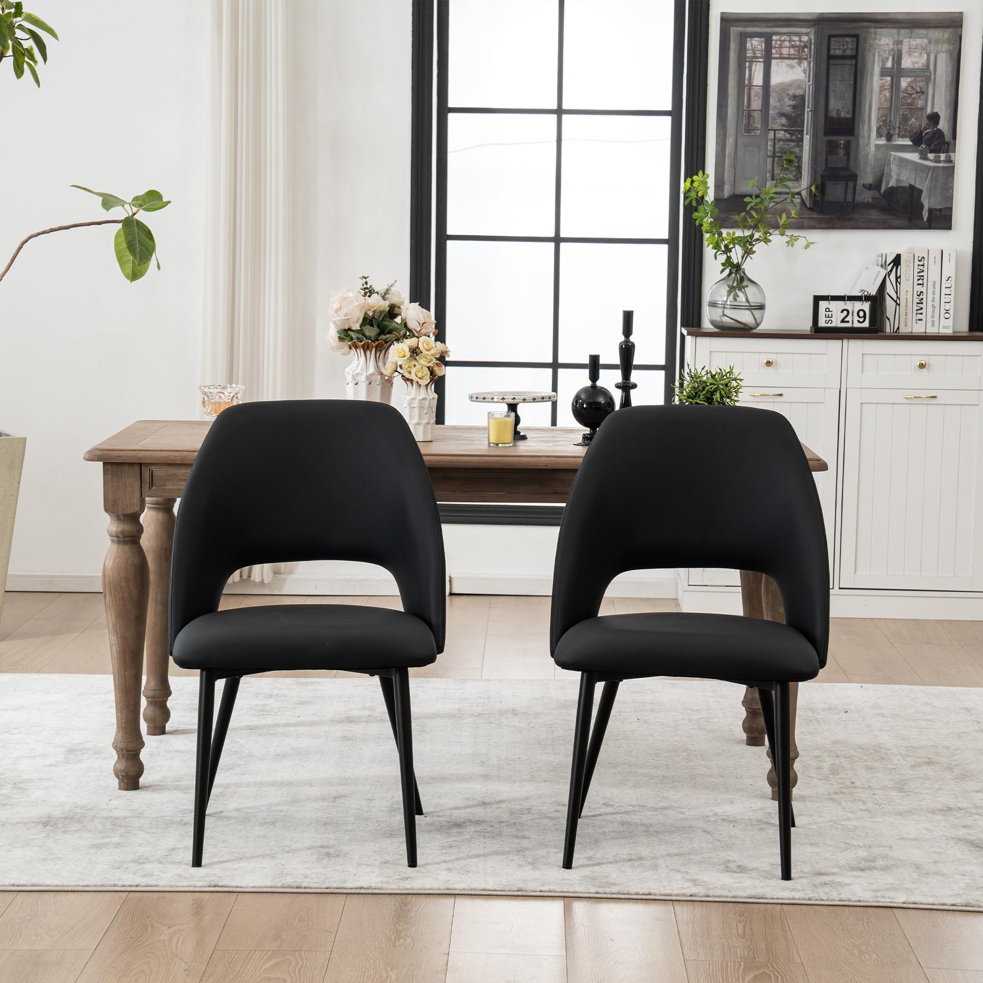 Rowill Mid Century Modern Dining Chairs Set of 2 - Black Faux Leather Upholstered Kitchen Chairs with Metal Legs for Dining Room, Living Room & Bedroom - Perfect for Small Spaces & Modern Home Decor