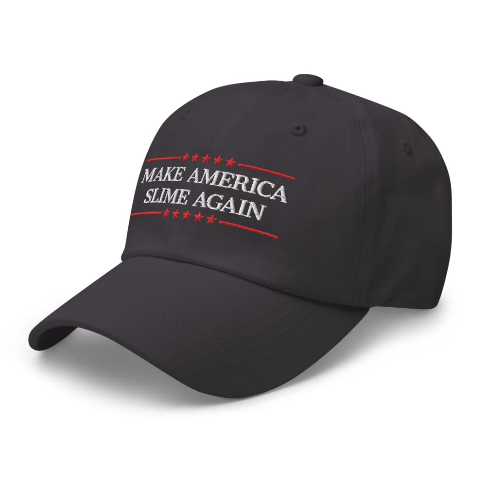 Make America Slime Again Embroidered Dad Hat - Dark Grey Baseball Cap for Slime Lovers & Political Satire Fans