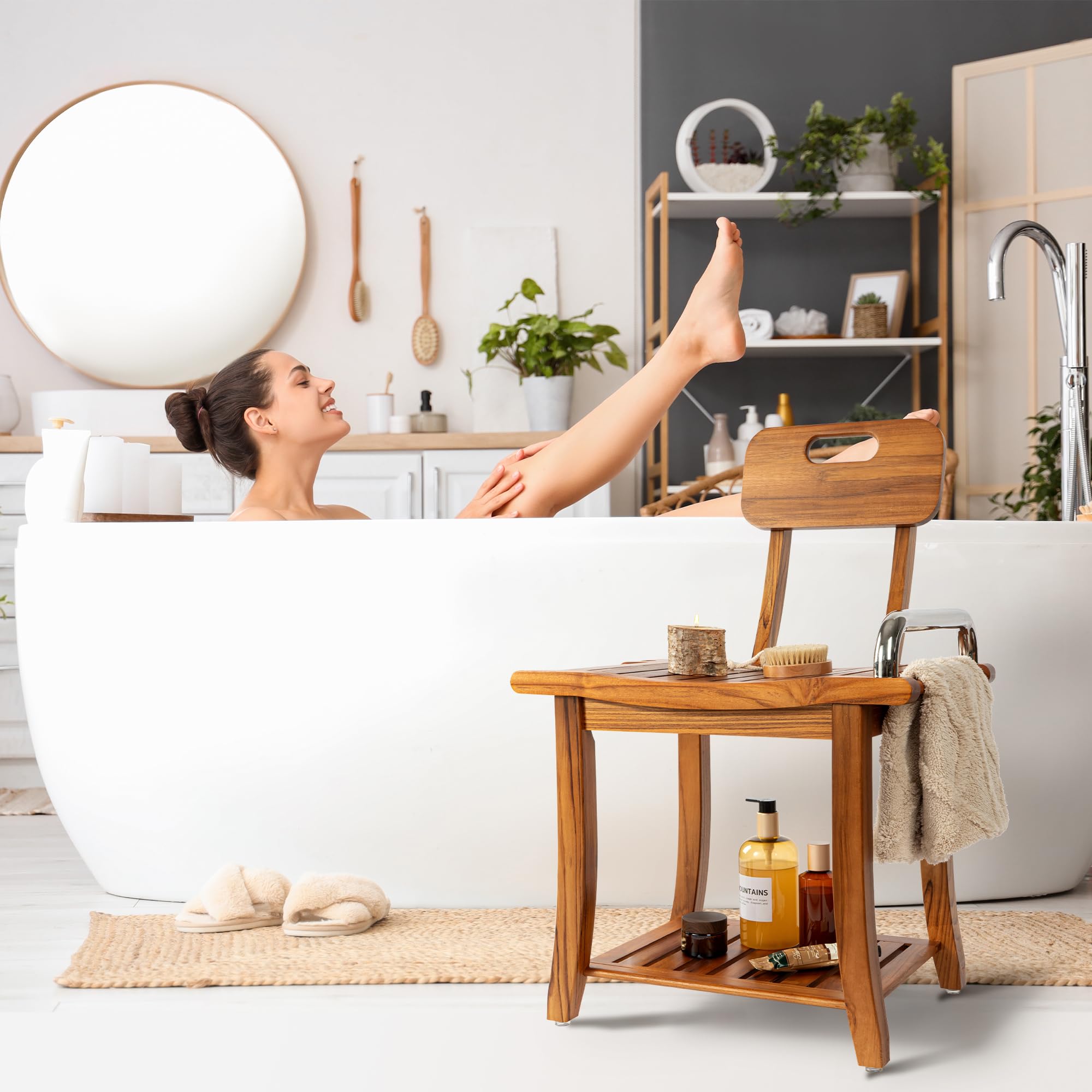 **Premium Teak Shower Bench with Backrest & Handles – 19