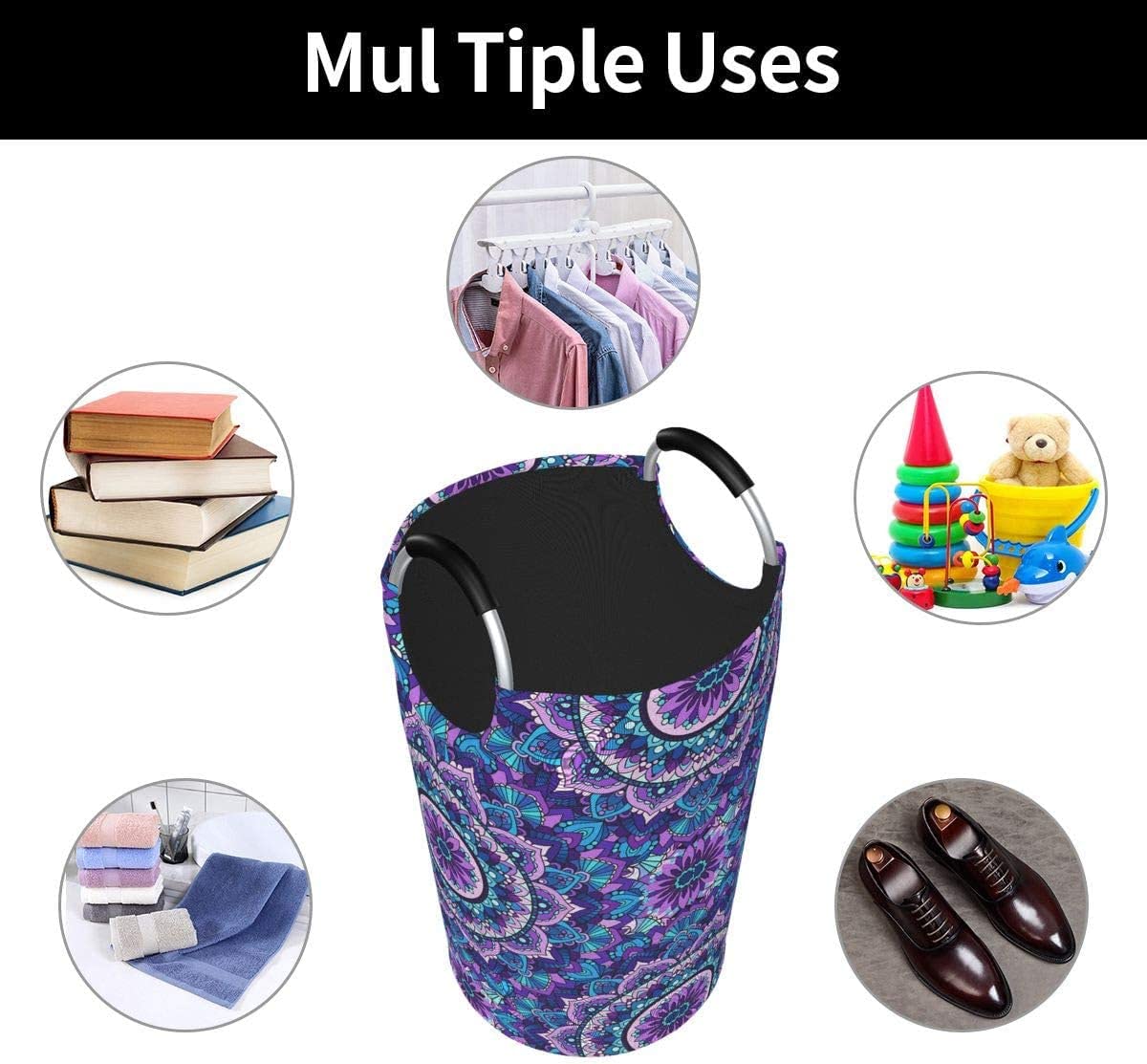 Dujiea 82L X-Large Collapsible Laundry Basket with Aluminum Handles - Tall Mandala Purple Clothes Hamper for Kids, Dorm Room, Bedroom & Bathroom Storage - Perfect for Laundry Organization & Home Decor