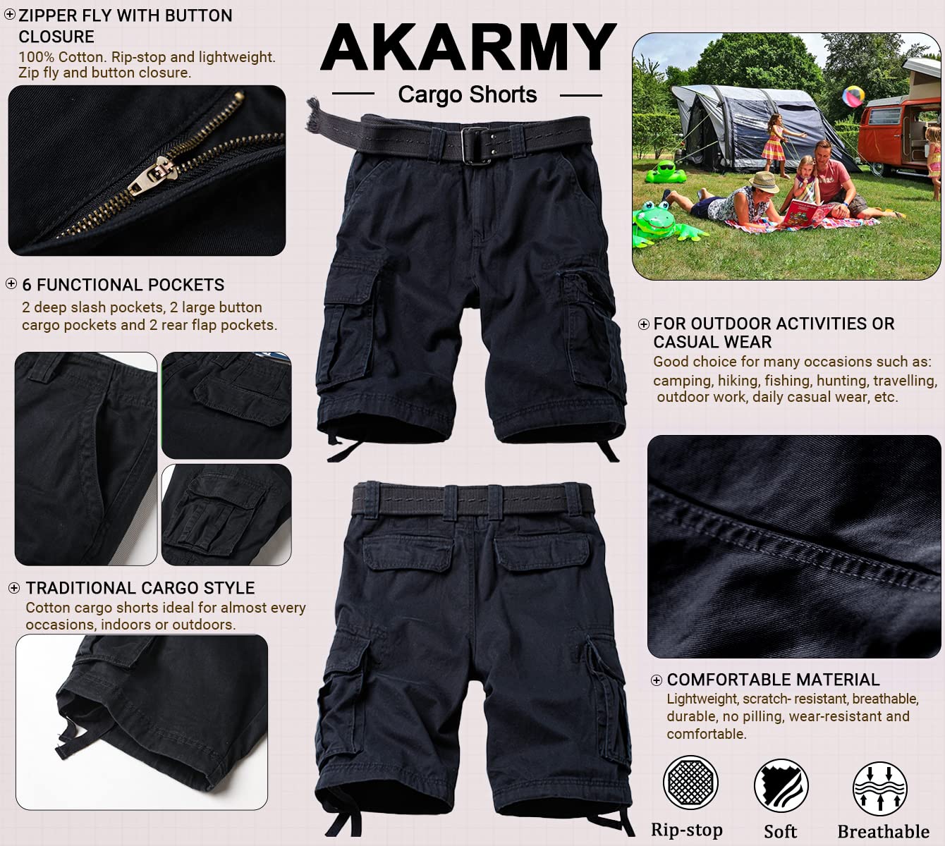 AKARMY Men's Camo Cargo Shorts - Outdoor Tactical Shorts with Multiple Pockets, Breathable Cotton Fabric, No Belt Needed - Perfect for Hiking, Camping & Casual Wear