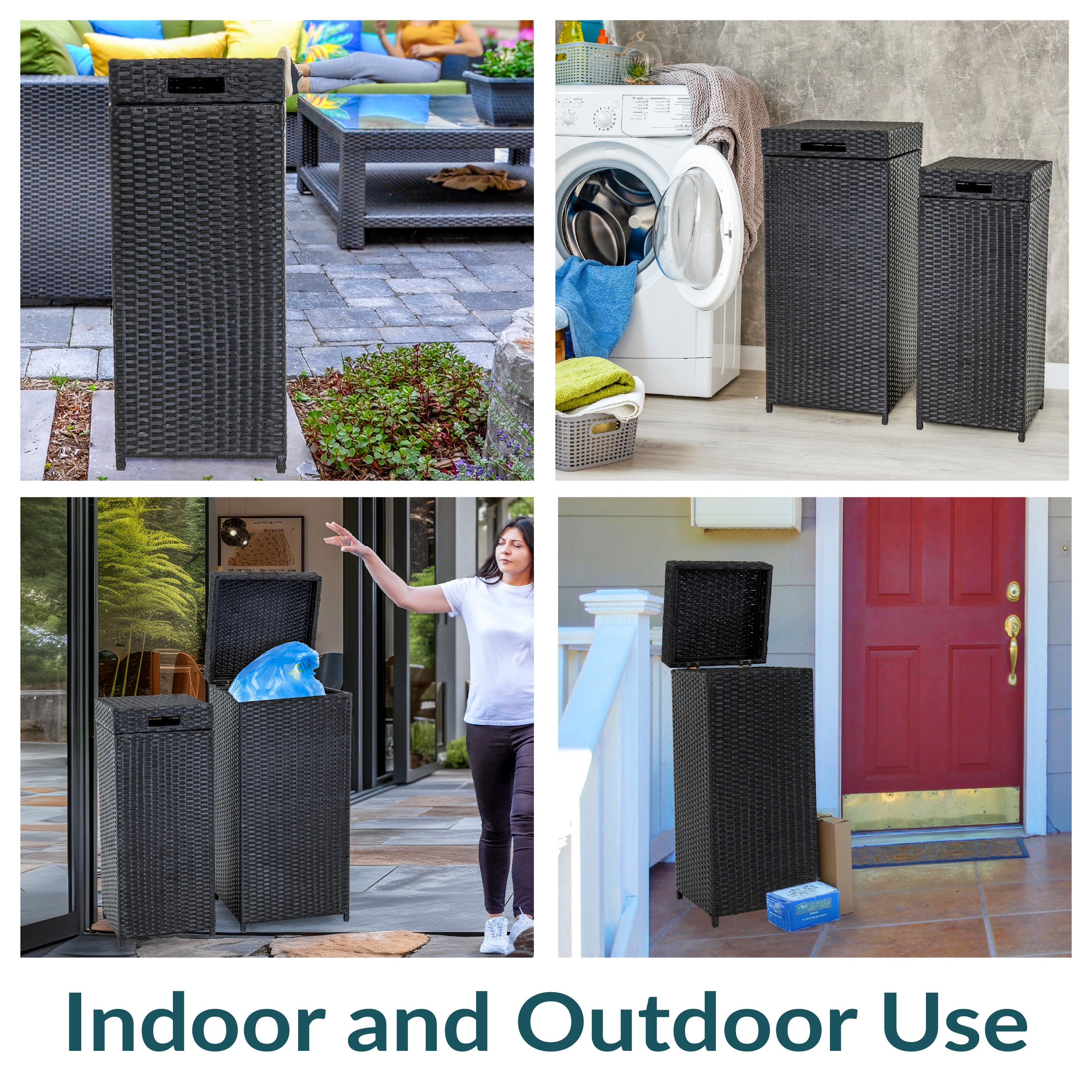 Sunnydaze Outdoor Wicker Trash Cans with Lids - Set of 2 (26 Gallon & 15 Gallon) - Weather-Resistant Patio, Garden & Backyard Waste Bins for Home & Commercial Use