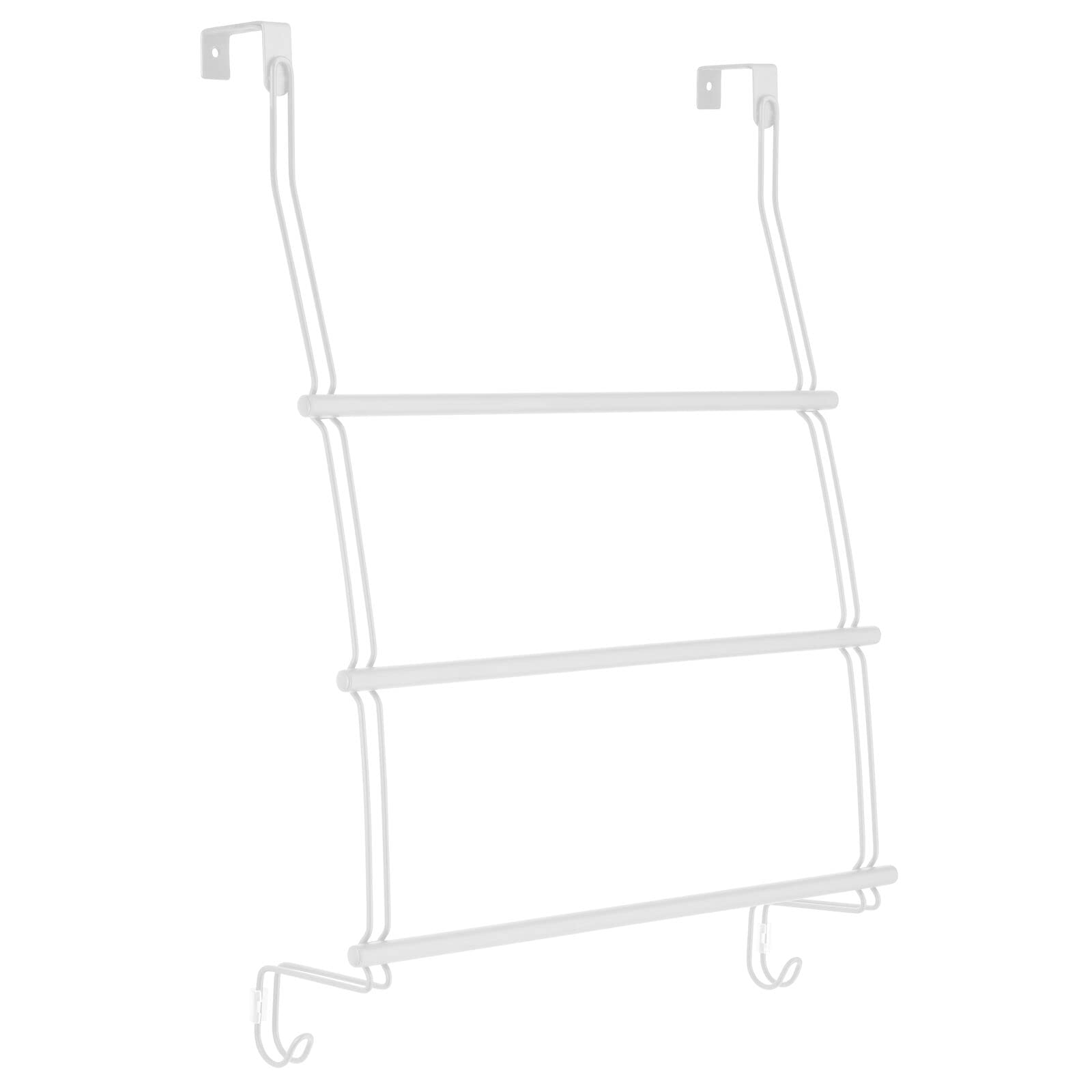 Adjustable 3-Tier Over Door Towel Rack Holder with 2 Hooks - Metal Bathroom Organizer for Shower, Blankets, Washcloths - Matte White - Perfect for Small Spaces & Back of Door Storage