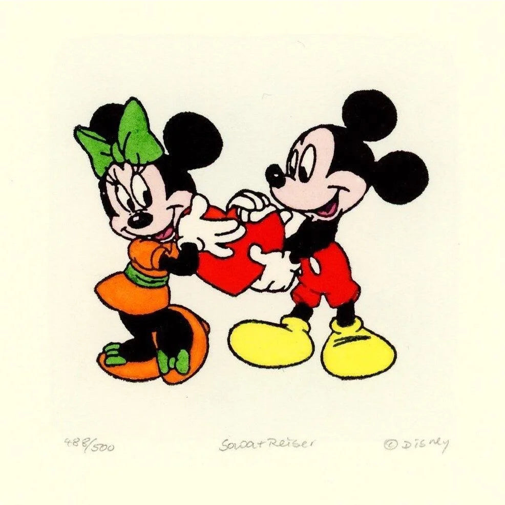 Hand-Painted Mickey & Minnie Mouse Cartoon Etching Art Heart - Limited Edition D/500 by Sowa & Reiser - Perfect for Disney Collectors & Home Decor