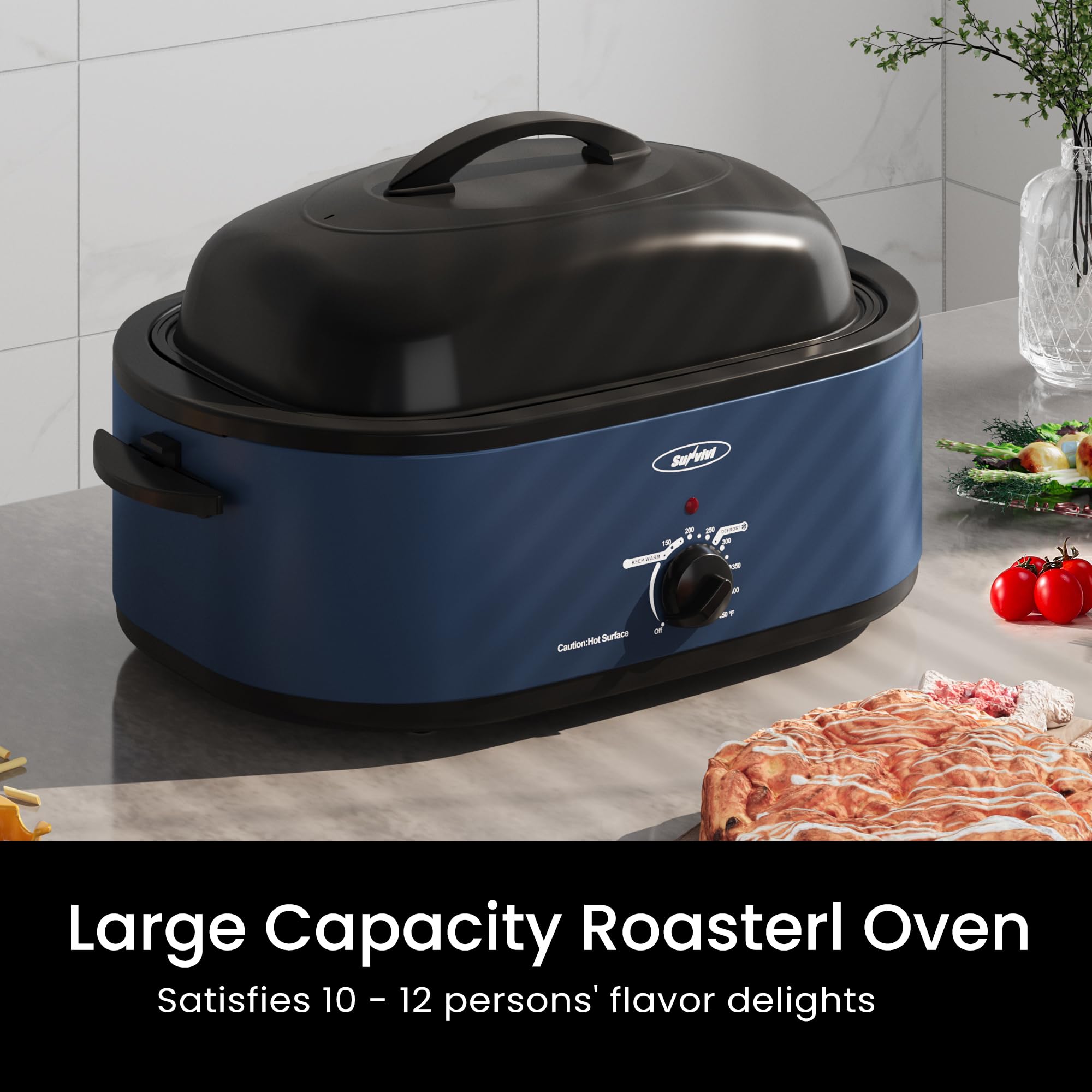 22-Quart Electric Roaster Oven with Removable Pan & Self-Basting Lid - Digital Temperature Control (150-450°F) & Cool-Touch Handles - Perfect for Turkey, Roast Beef, Holiday Meals & Large Family Gatherings - Blue
