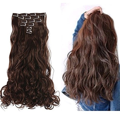 Premium Synthetic Hair Extensions for Women - 20-24 Inch Curly Dark Brown Clip-in Hairpieces (6-Pack) | Perfect for Parties, Weddings & Daily Styling