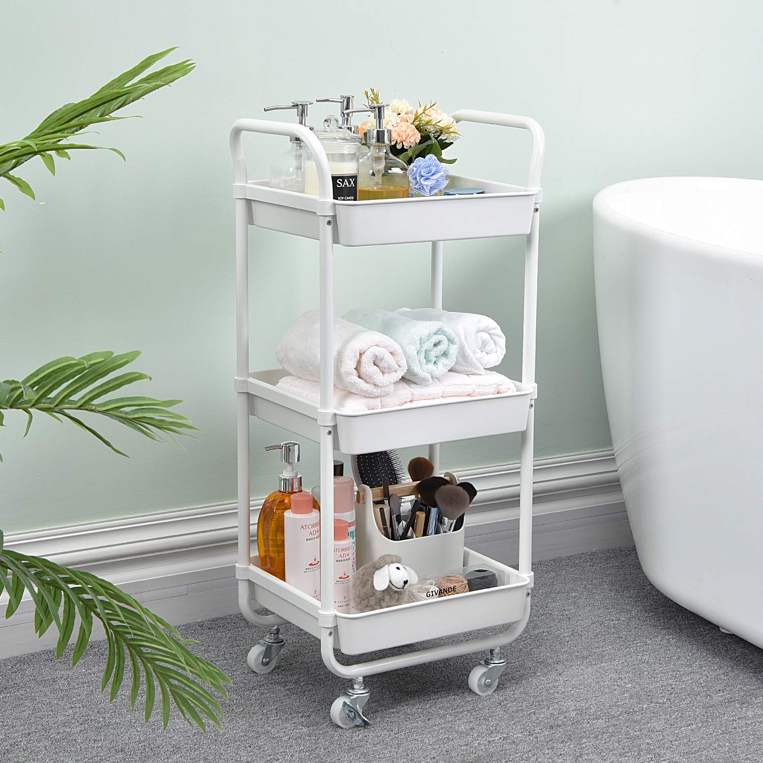 3-Tier Rolling Storage Cart with Wheels - Plastic Organizer Trolley for Kitchen, Bathroom & Living Room - Space-Saving Utility Cart for Home Organization, Groceries & Cleaning Supplies
