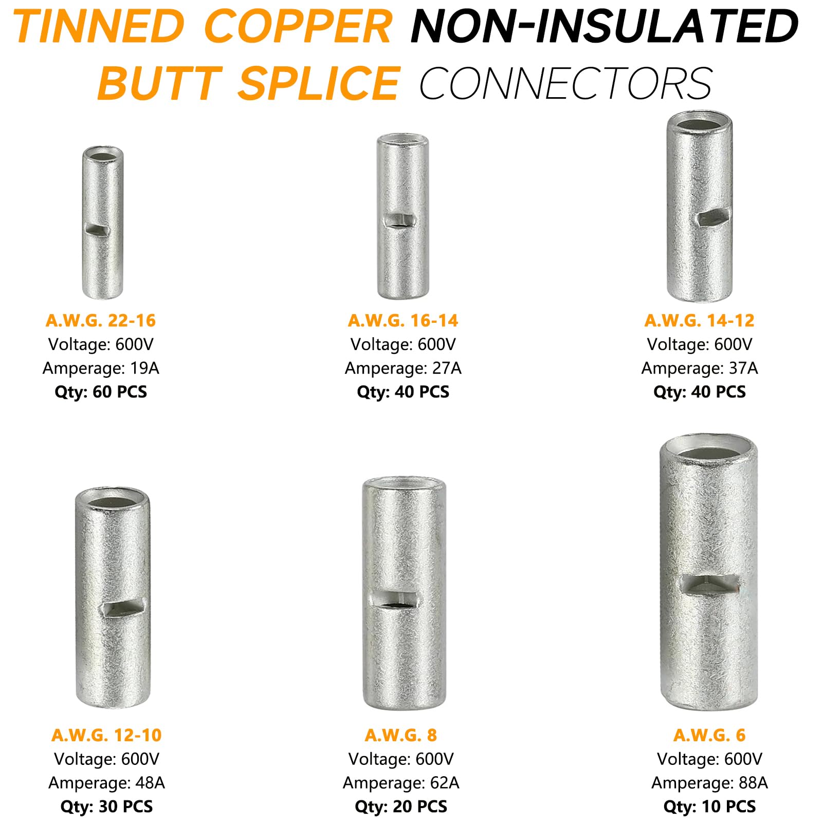 SVAAR 200PCS Non-Insulated Butt Connectors Kit - Marine Grade Tinned Copper, Seamless Crimp Wire Terminals for 22-6 Gauge (Electrical Wiring, Automotive, Marine & DIY Projects)