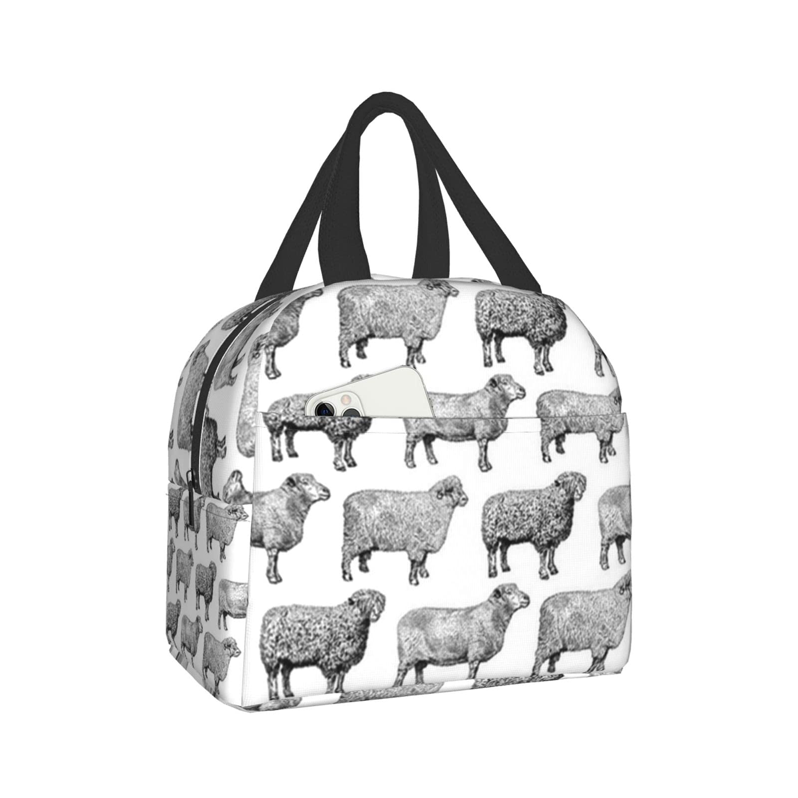 Vintage Insulated Lunch Box with Large Pocket - Portable Black & White Sheep Design Lunch Tote Bag for Office, School, Picnic & Travel - Perfect for Meal Prep, Work Lunches & Outdoor Activities