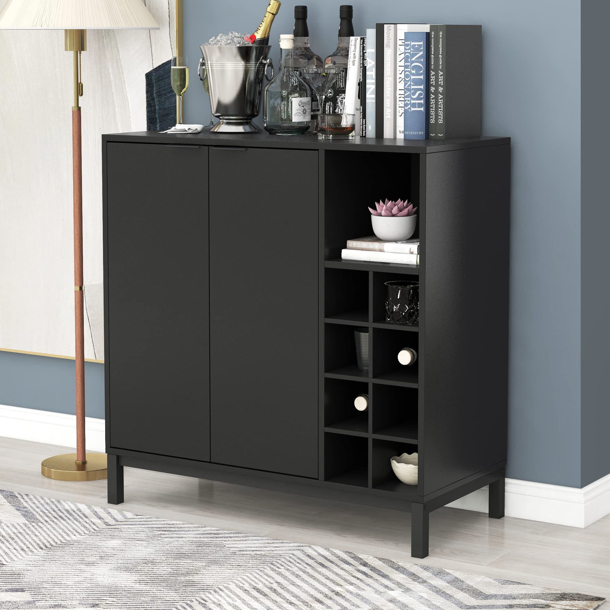 Mid-Century Modern Wood Bar Cabinet - 2 Door Liquor & Wine Storage with Glass Holders, Kitchen Buffet Sideboard - Perfect for Home Bar, Dining Room & Entertaining Areas (Black)