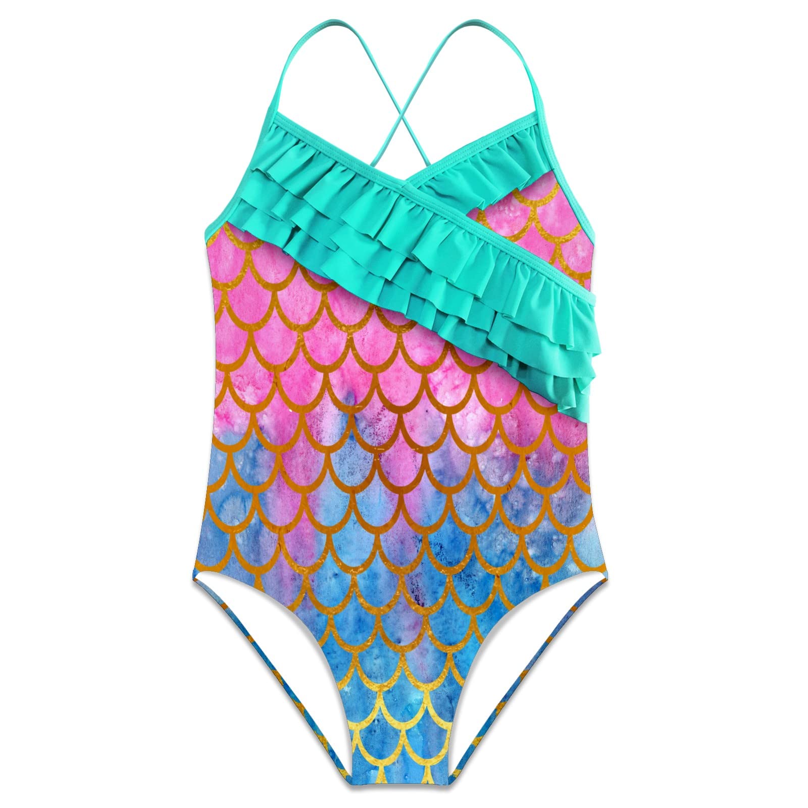 Hawaiian Ruffle One Piece Swimsuits for Girls - Mermaid Scale Beach Swimwear for Summer, Pool, and Vacation