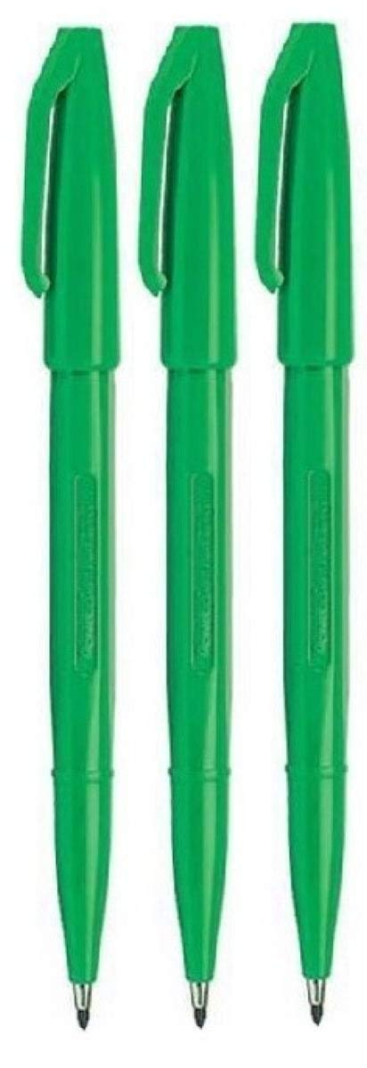 Pentel S520 Green Original Sign Pen - 2mm Fiber Tip Fineliner Marker, 1mm Line Width (Pack of 3) - Ideal for Calligraphy, Sketching & Office Use