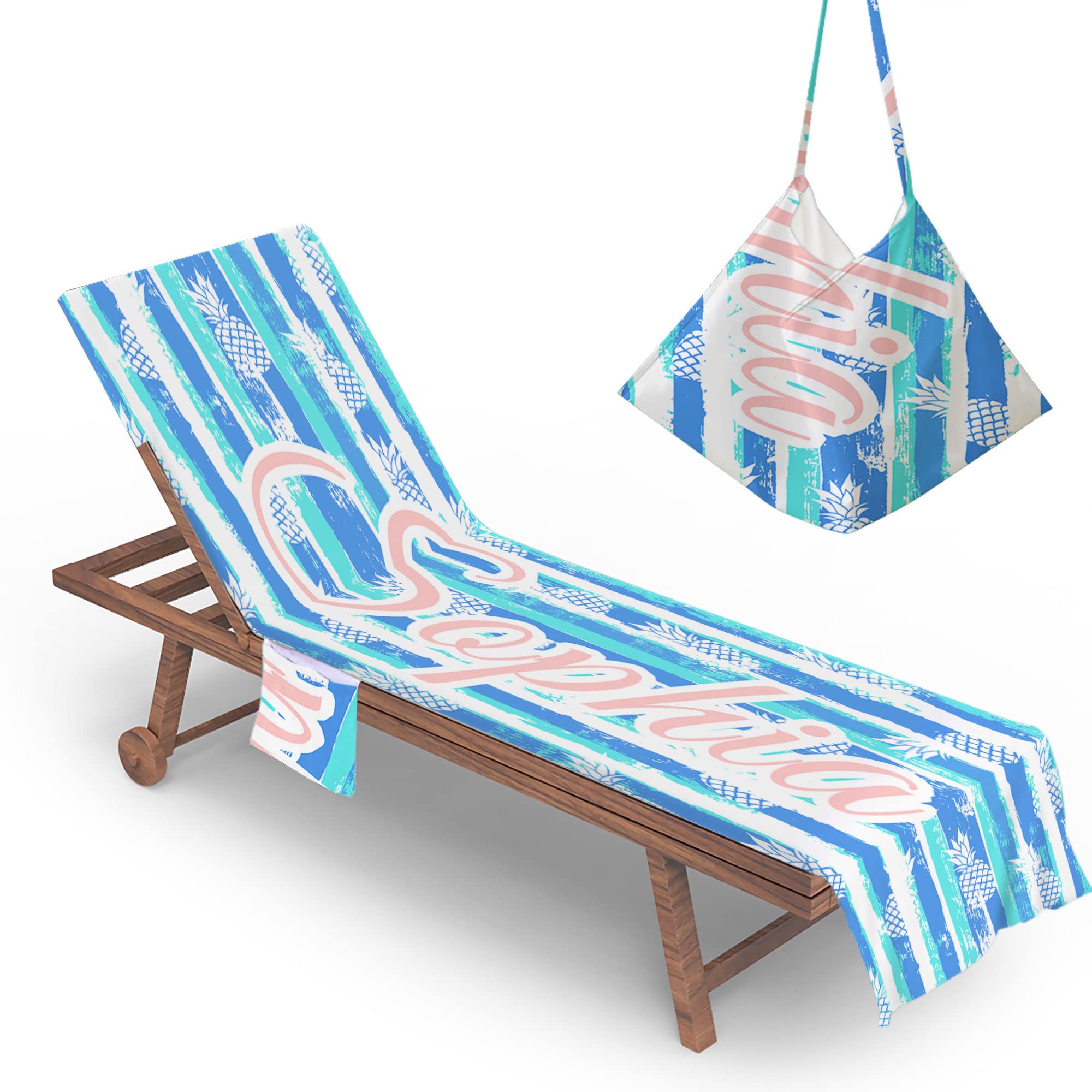 Custom Personalized Beach Chair Cover with Side Pockets - Thick Quick-Dry Chaise Lounge Towel Cover for Pool, Garden, Beach & Hotel - Pineapple Design (82.6
