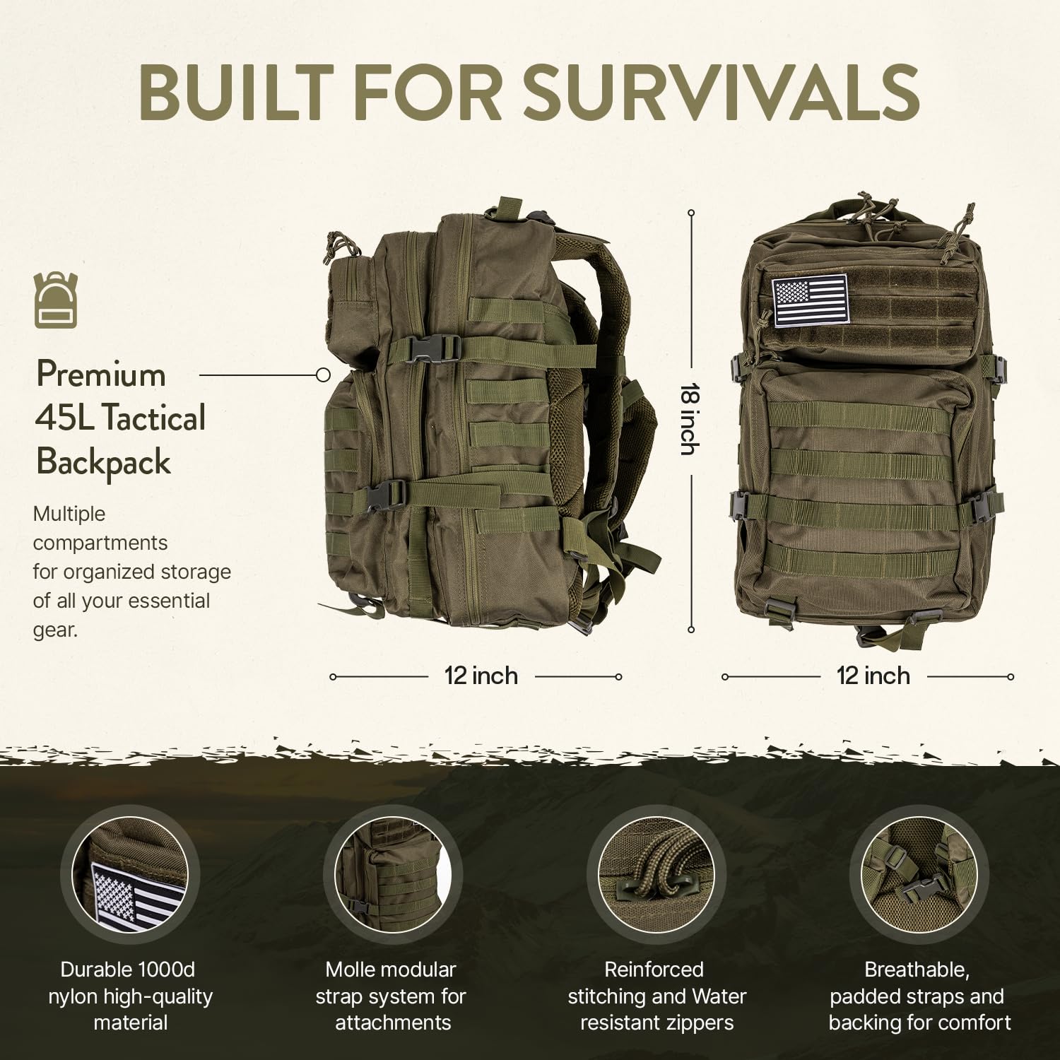 72-Hour Emergency Survival Kit | 45L Tactical Bug Out Bag with First Aid, Water Filter, MRE Food & Survival Tools | Camping, Hiking, Outdoor Adventure & Disaster Preparedness Gear for Wilderness Survival & Emergency Evacuation