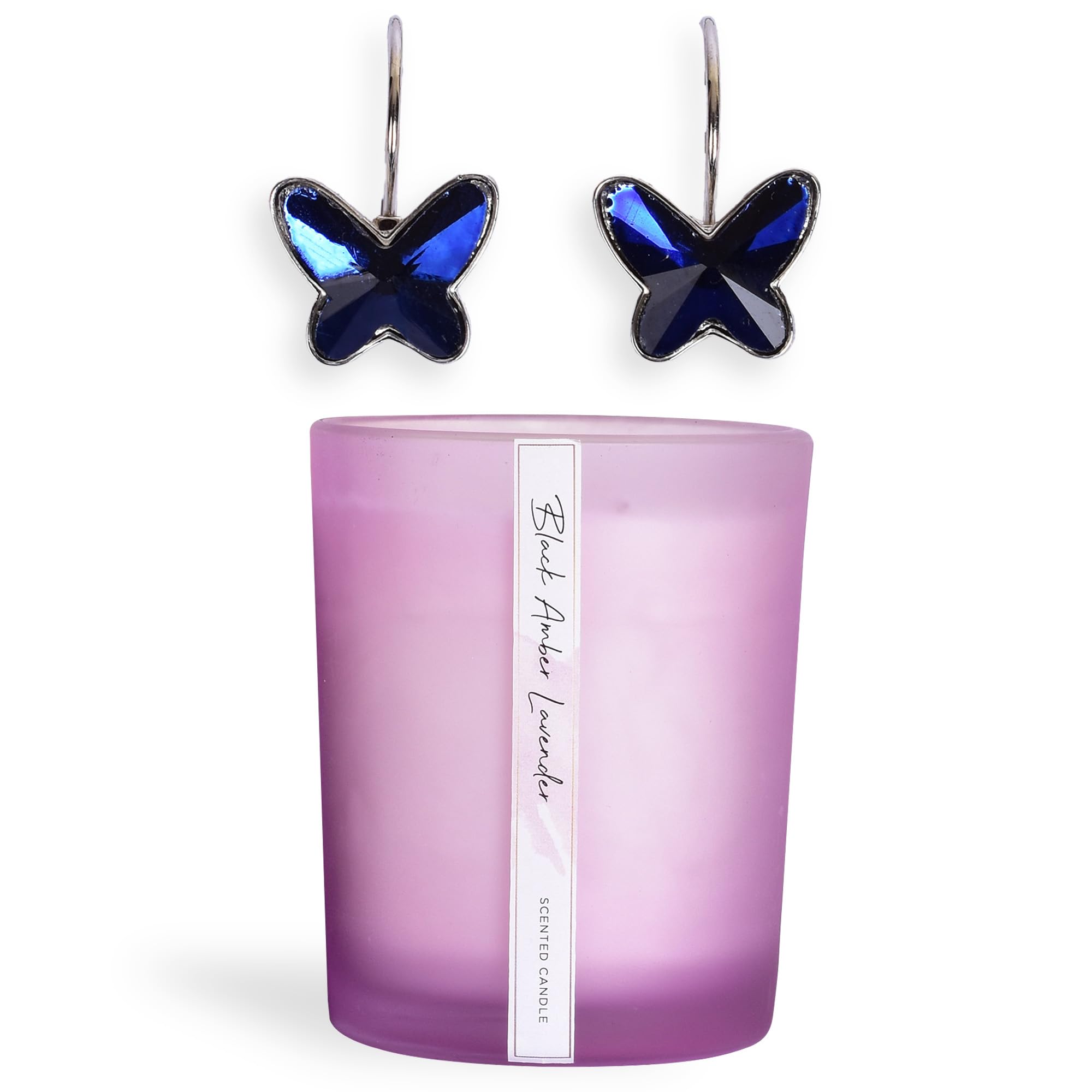 Gleevers Luxury Birthday Gift Set for Women - 2-Piece Box with Black Amber Lavender Scented Candle (250g) & Butterfly Earrings | Perfect Anniversary Gift for Wife, Mother's Day Present for Mom, Birthday Surprise for Mother | Romantic Occasions, Special Celebrations & Thoughtful Gestures