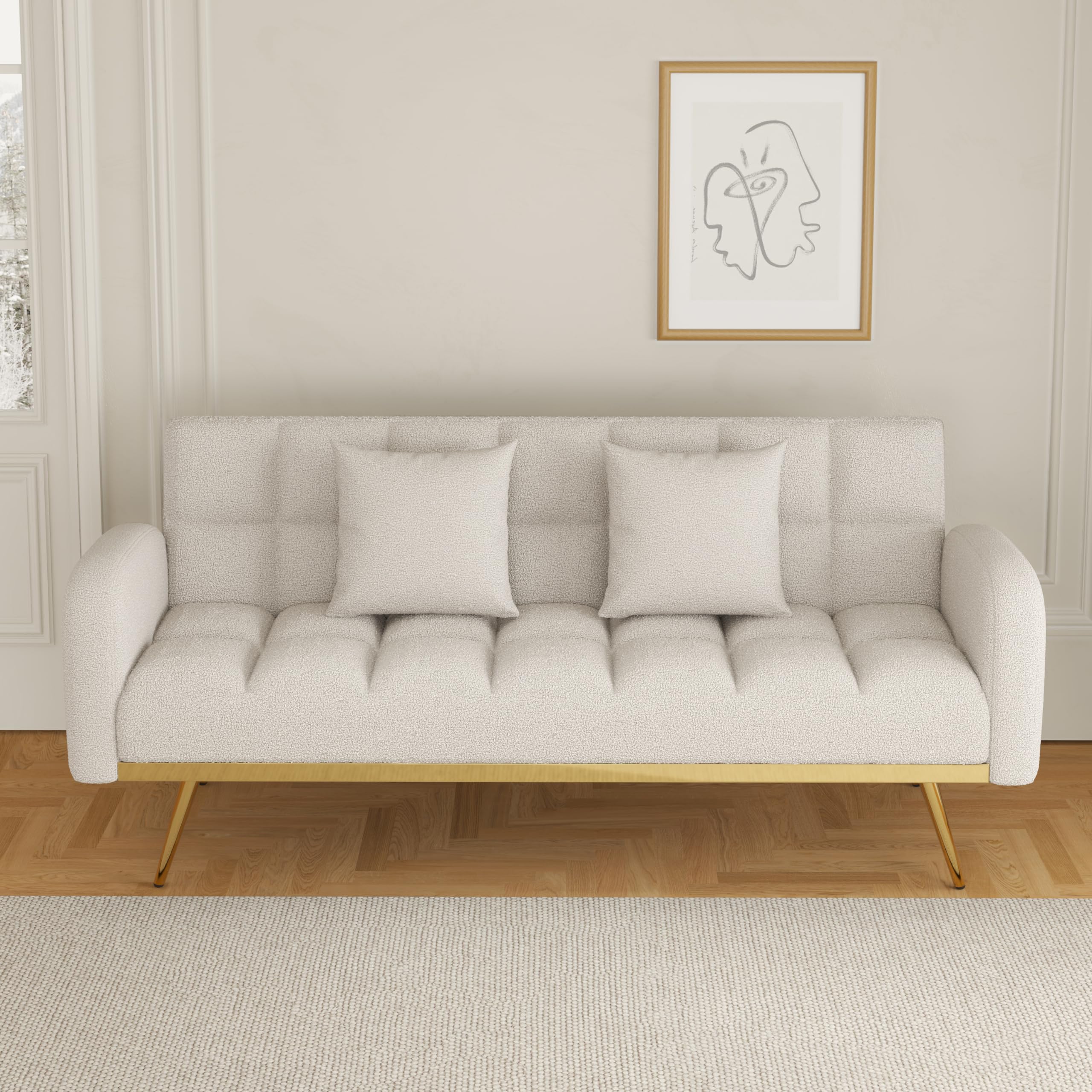Verfur Teddy Fleece Sleeper Futon Couch with Golden Metal Legs & Adjustable Backrest - Convertible Loveseat Sofa Bed for Living Room, Bedroom & Small Spaces - Cozy Daybed, Foldable Sofa Couch for Napping, Guest Sleeping & Relaxing